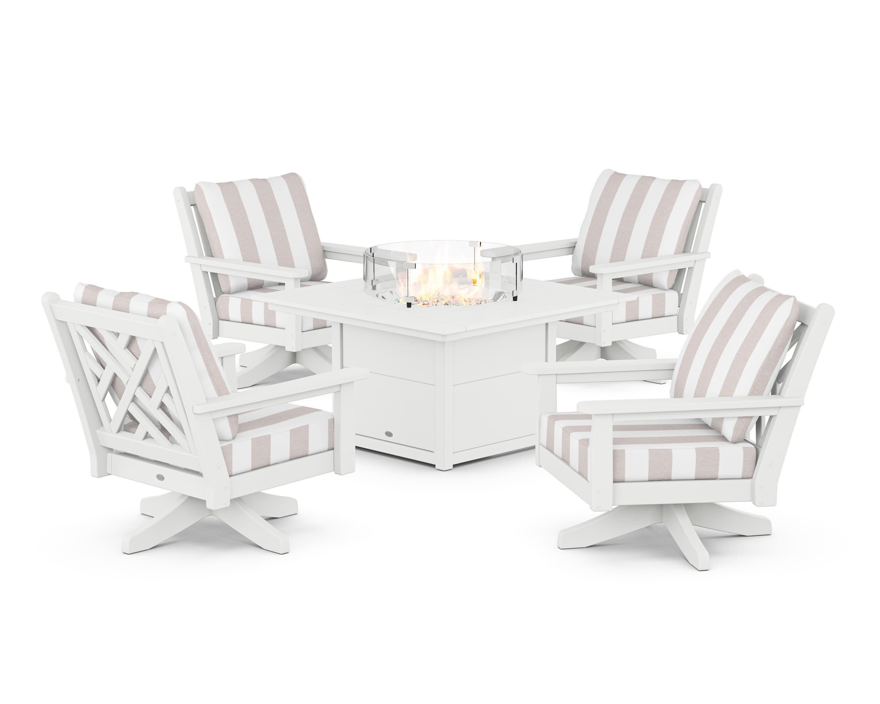 Chippendale 5-Piece Deep Seating Swivel Conversation Set with Fire Pit Table in White / Cabana Stripe Dune Burlap
