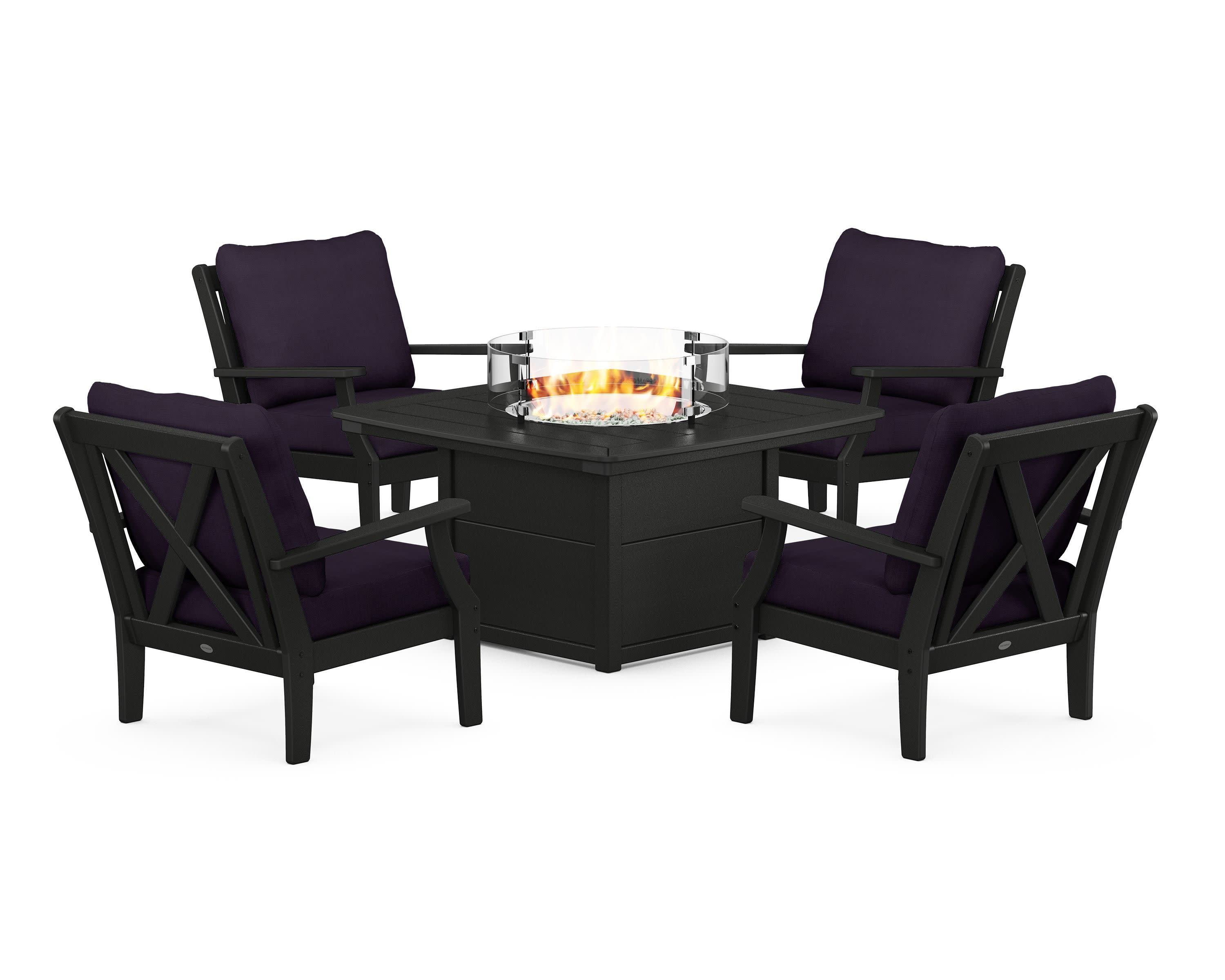 Braxton 5-Piece Deep Seating Conversation Set with Fire Pit Table in Black / Navy Linen