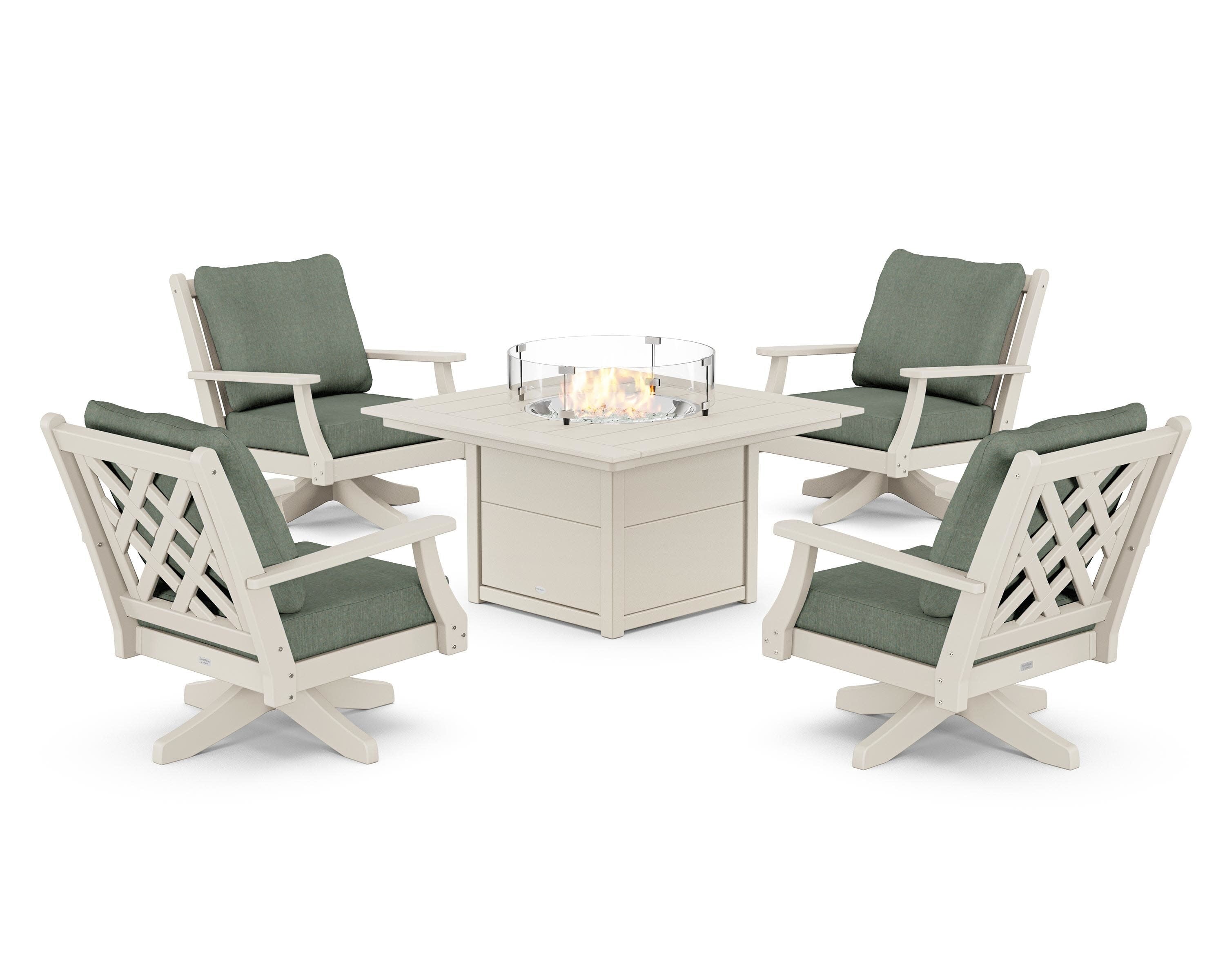 Wovendale 5-Piece Deep Seating Swivel Conversation Set with Fire Pit Table in Sand / Cast Sage