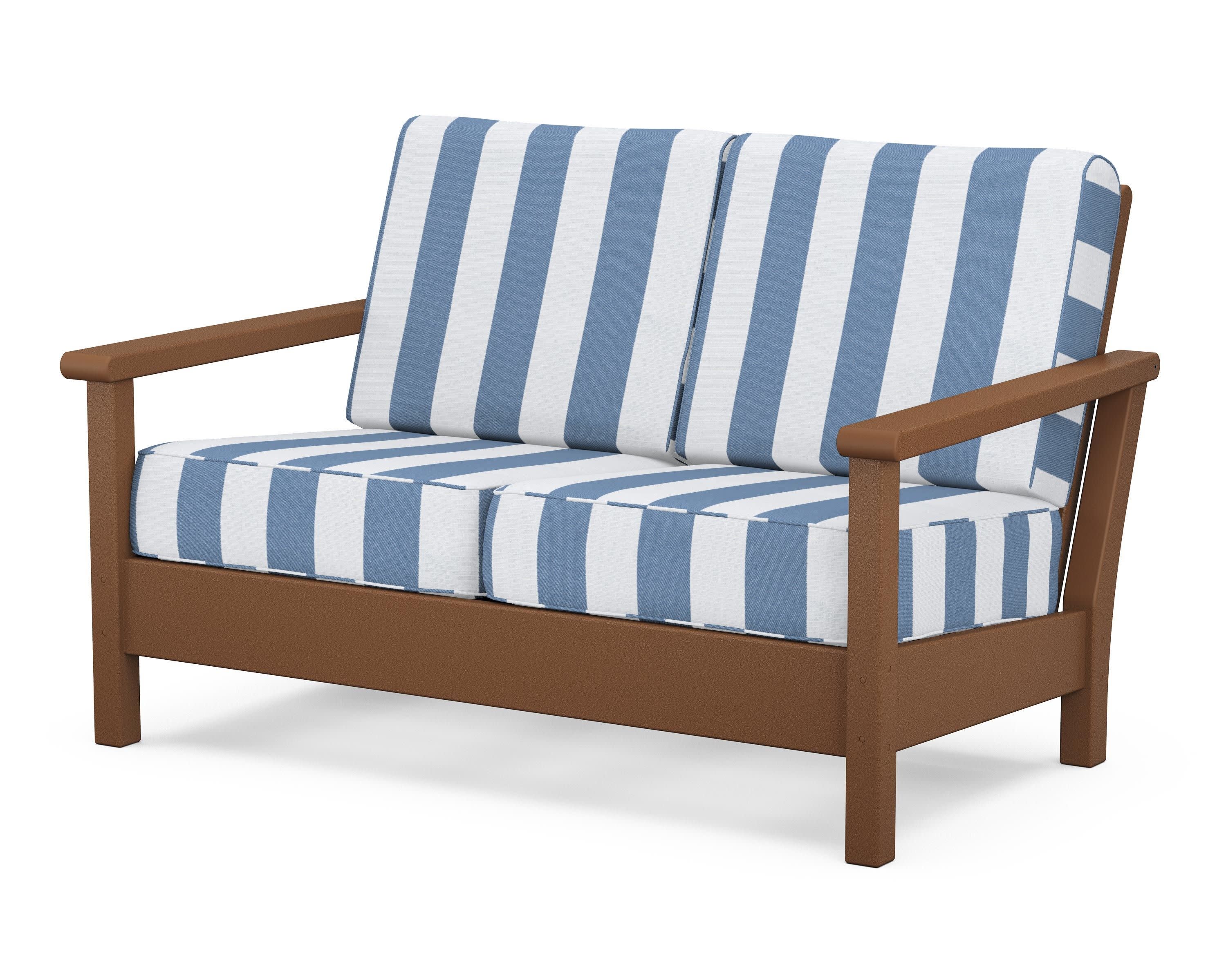 Harbour Deep Seating Loveseat in Teak / Cabana Stripe Sky Blue