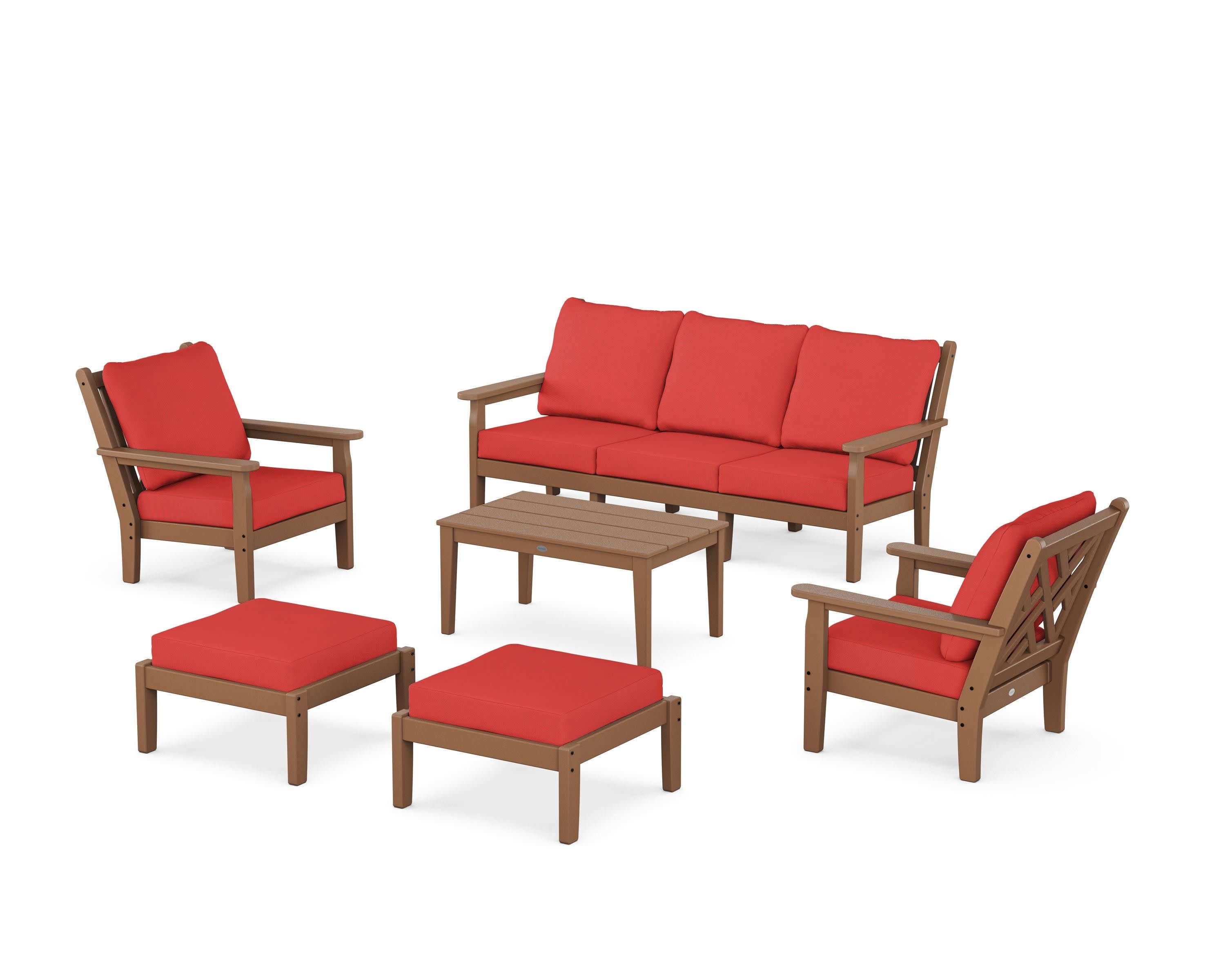 Chippendale 6-Piece Lounge Sofa Set in Teak / Crimson Linen