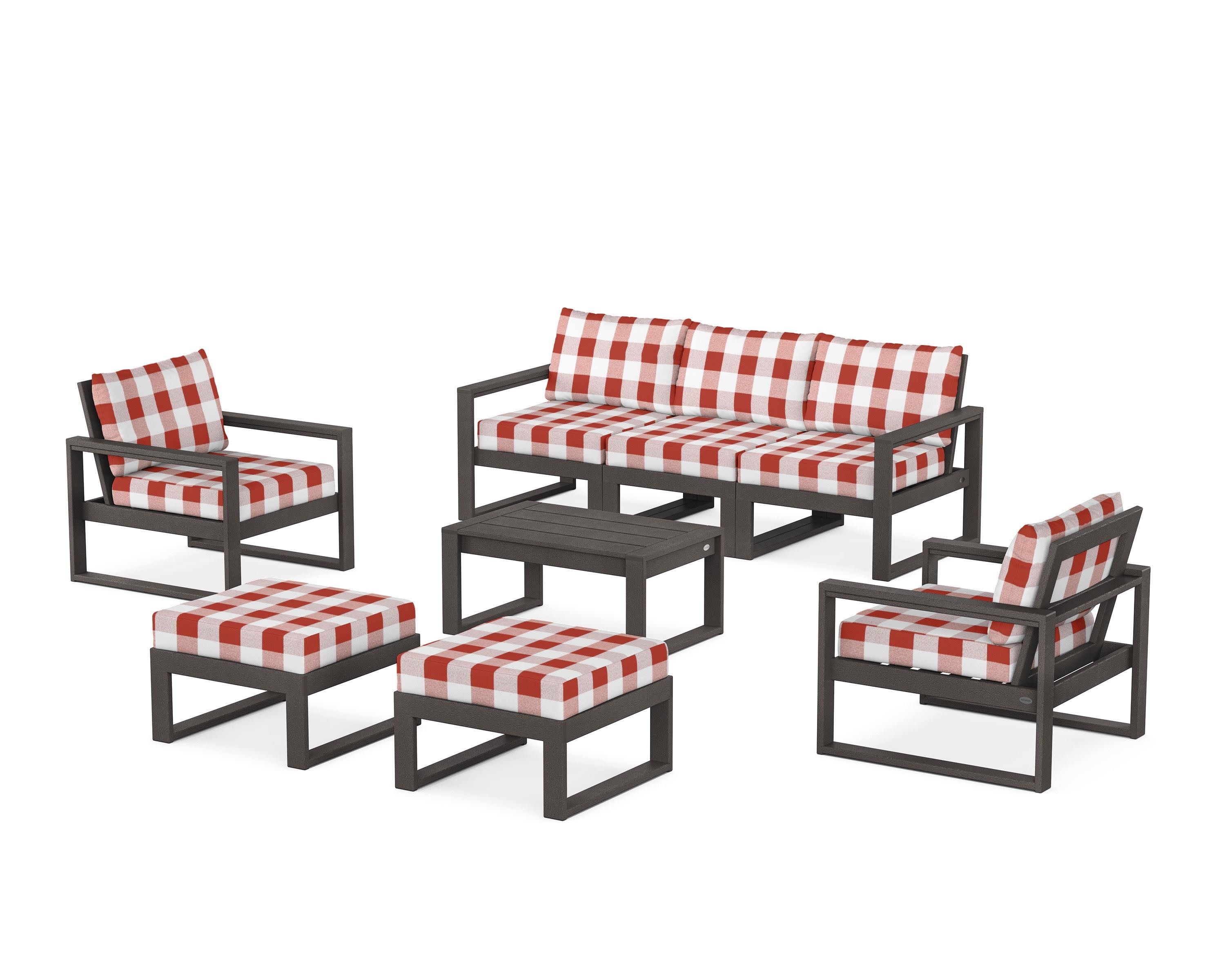 EDGE Sectional 8-Piece Lounge Sofa Set in Vintage Coffee / Buffalo Plaid Crimson