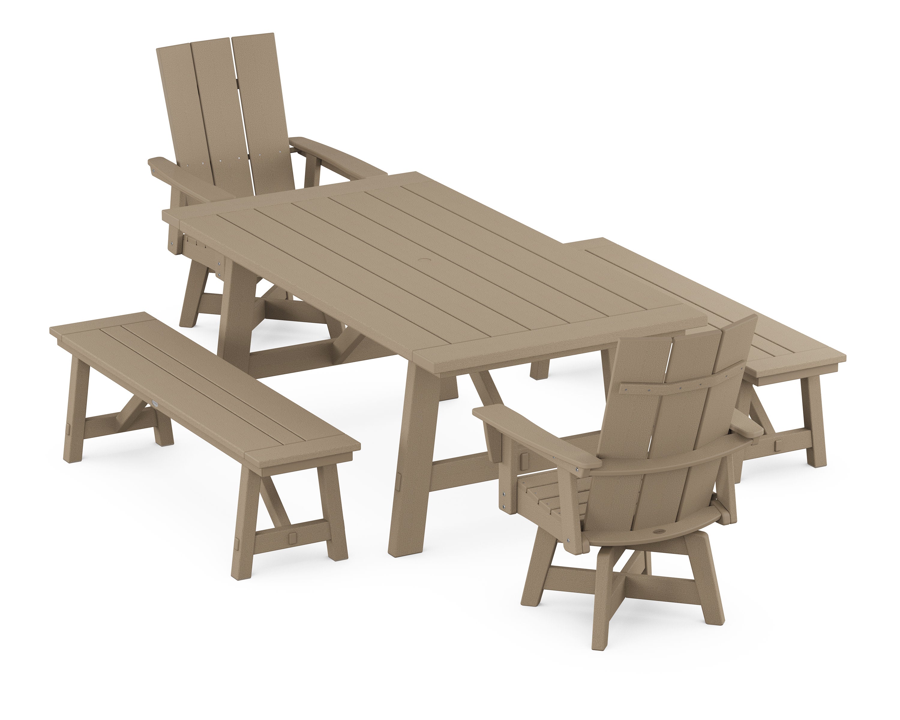 Modern Curveback Adirondack Swivel Chair 5-Piece Rustic Farmhouse Dining Set With Benches in Vintage Sahara