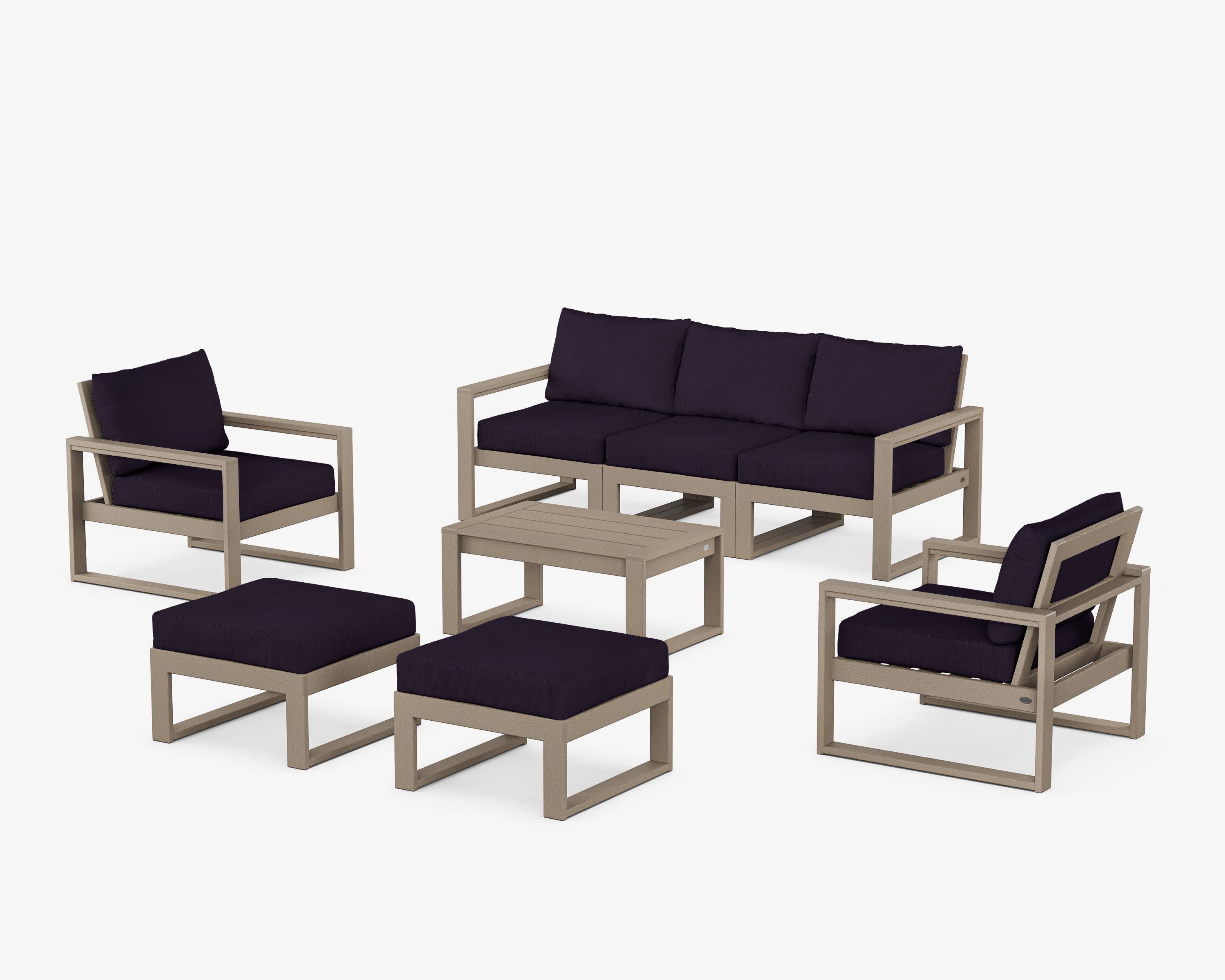 EDGE Sectional 8-Piece Lounge Sofa Set in Vintage Sahara / Navy Linen