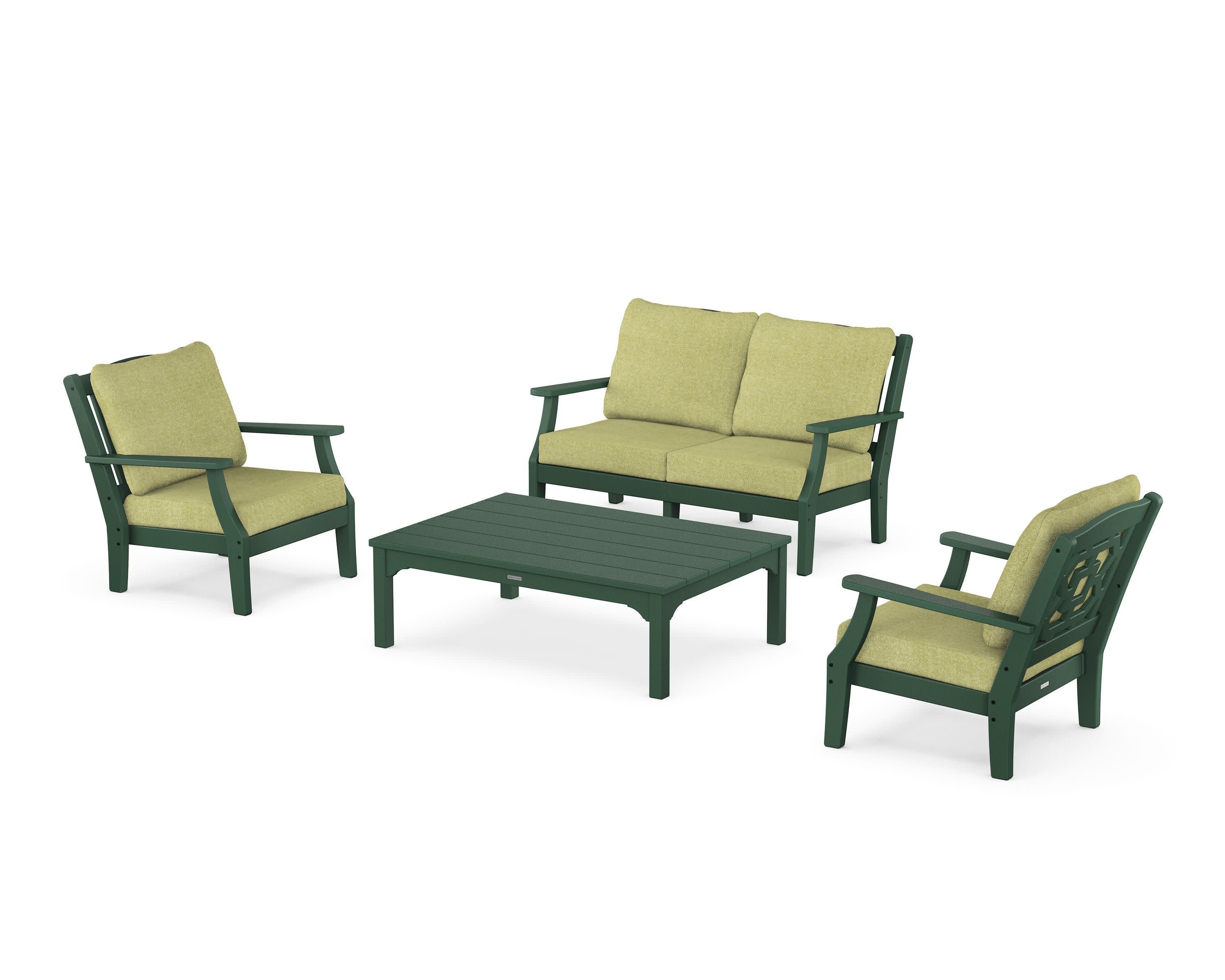 Chinoiserie 4-Piece Deep Seating Set with Loveseat in Green / Chartreuse Boucle