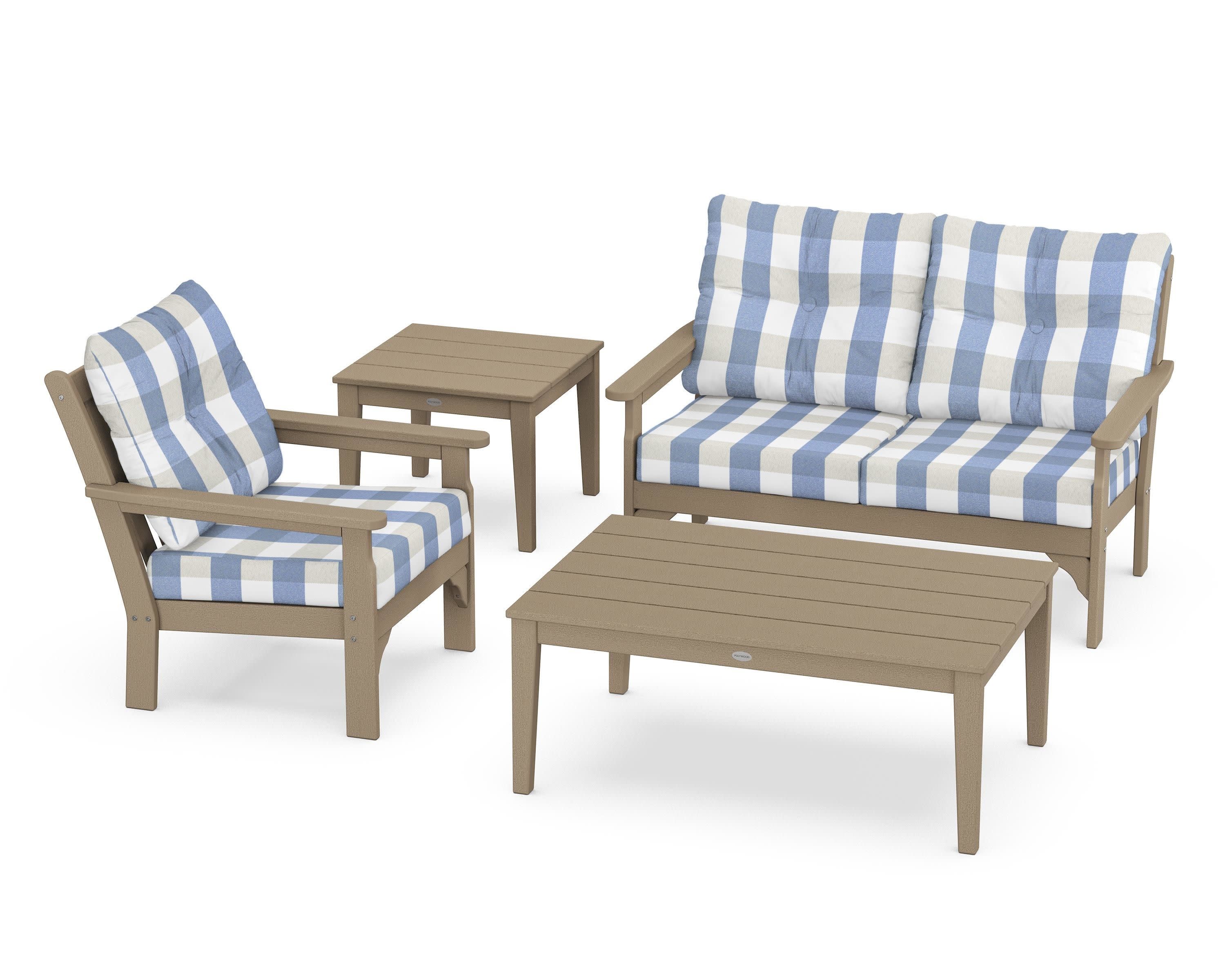 Vineyard 4-Piece Deep Seating Set in Vintage Sahara / Buffalo Plaid Sky Blue
