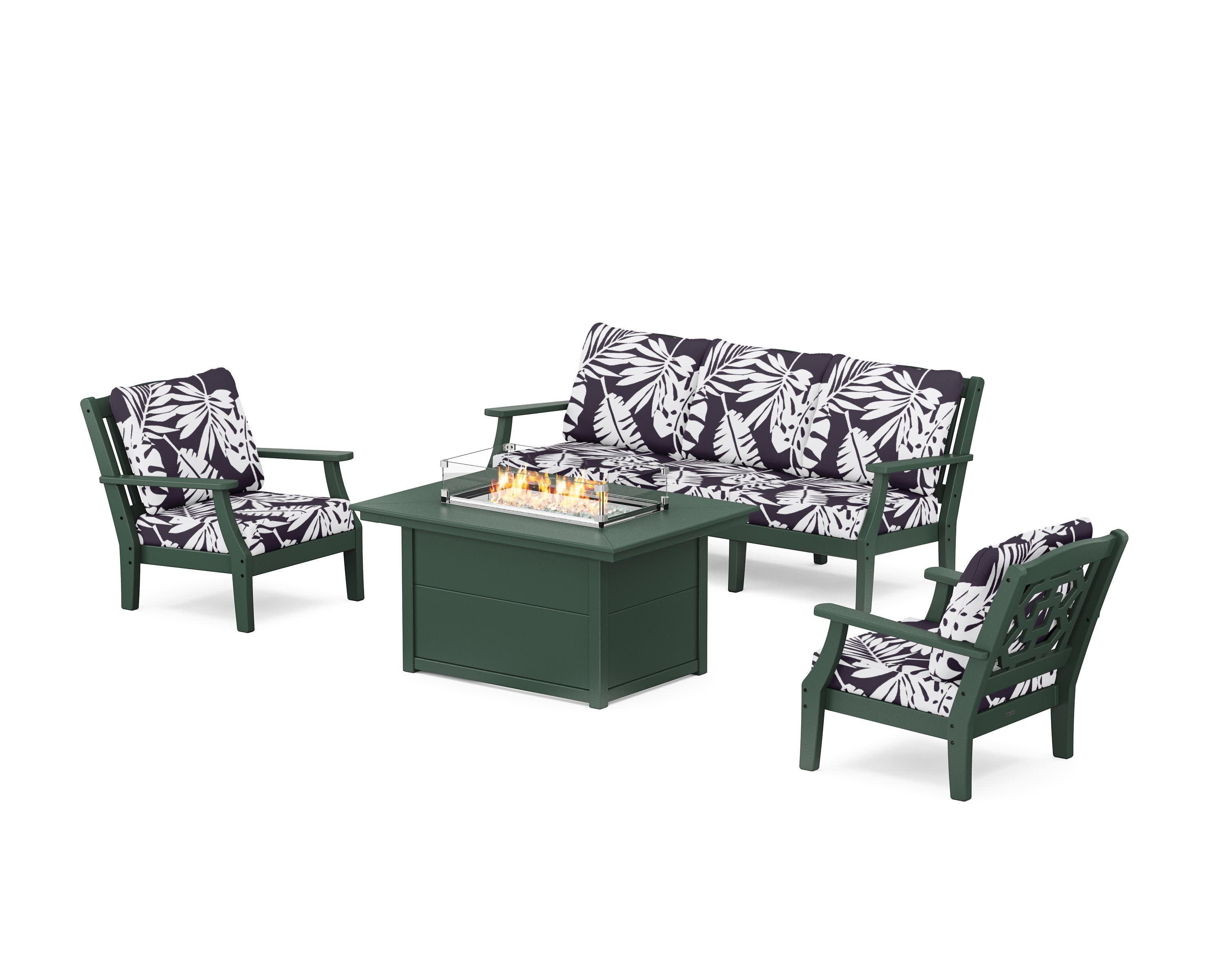 Chinoiserie Deep Seating Fire Pit Table Set in Green / Leaf Navy