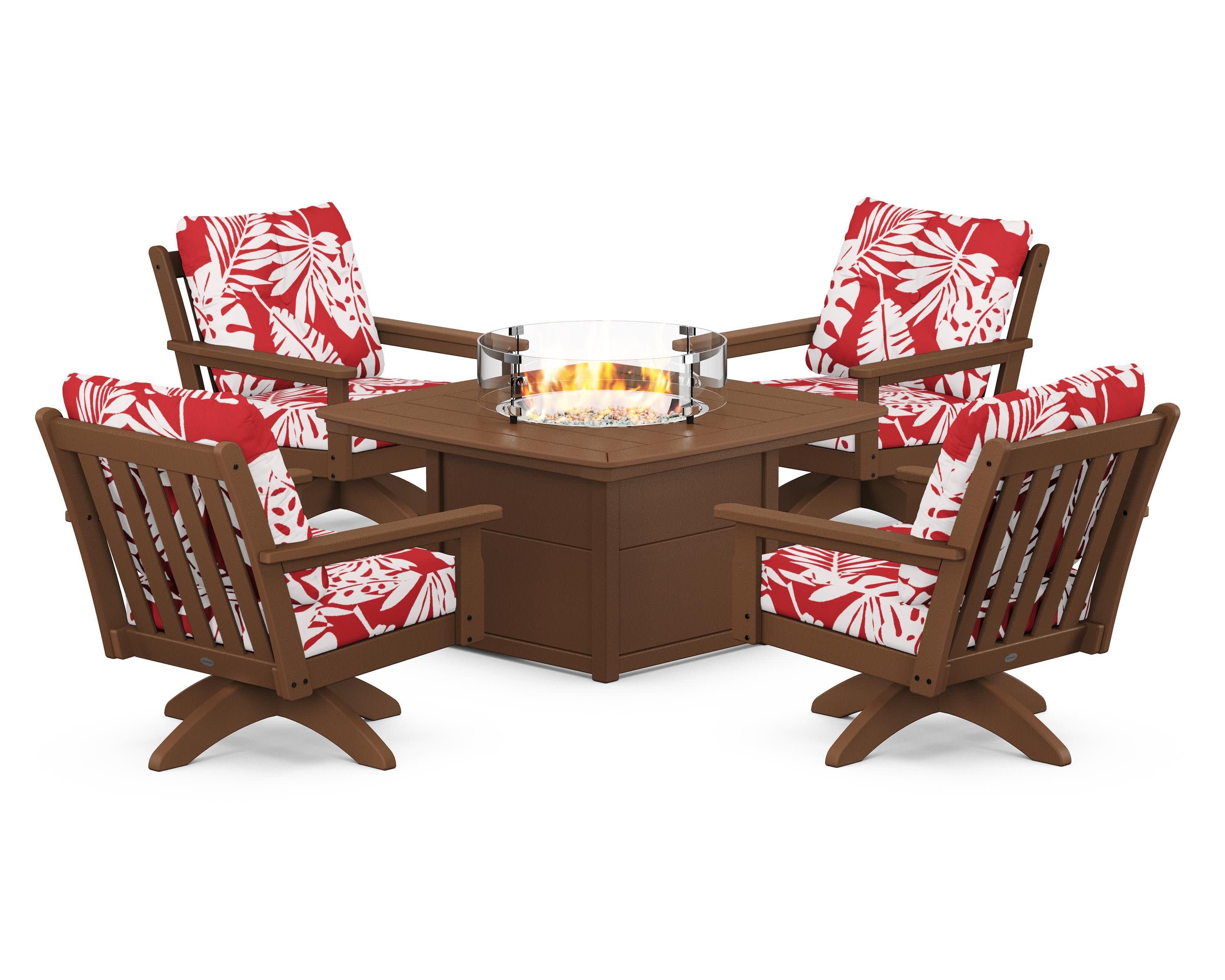 Vineyard 5-Piece Deep Seating Swivel Conversation Set with Fire Pit Table in Teak / Leaf Crimson