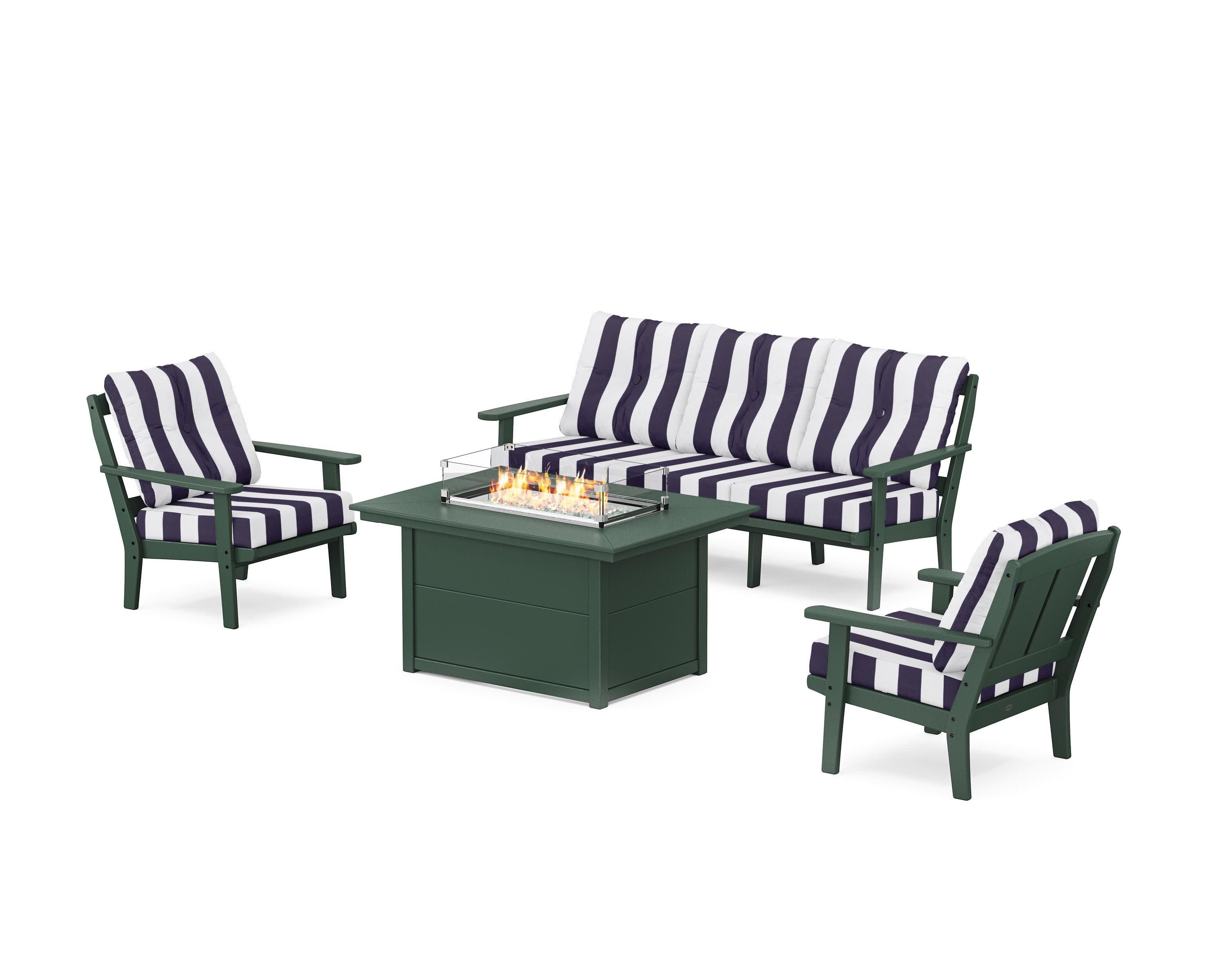Mission Deep Seating Fire Pit Table Set in Green / Cabana Stripe Navy