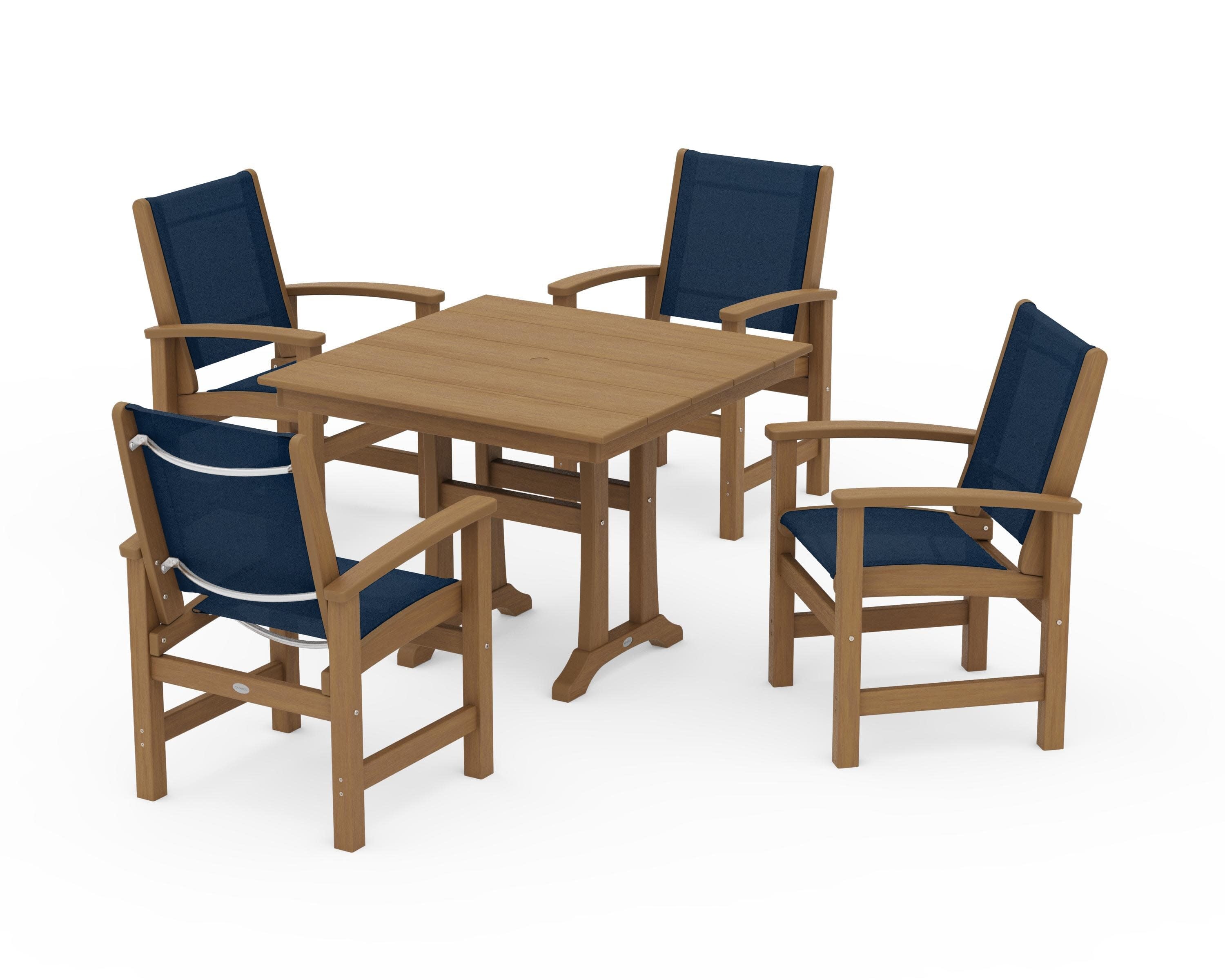 Coastal 5-Piece Farmhouse Dining Set With Trestle Legs in Natural / Navy Blue Sling