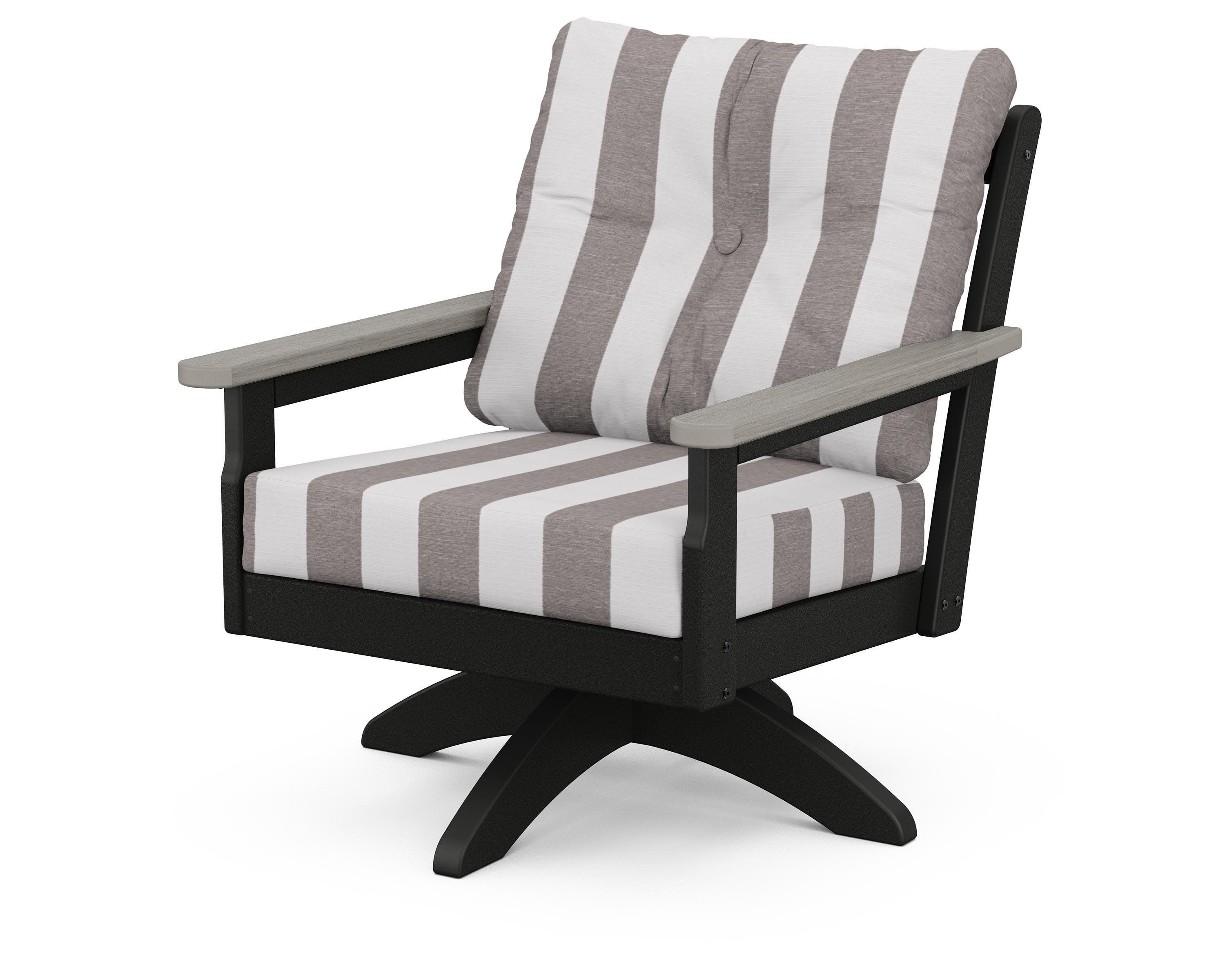 Vineyard Deep Seating Swivel Chair in Black / Driftwood / Cabana Stripe Grey Mist