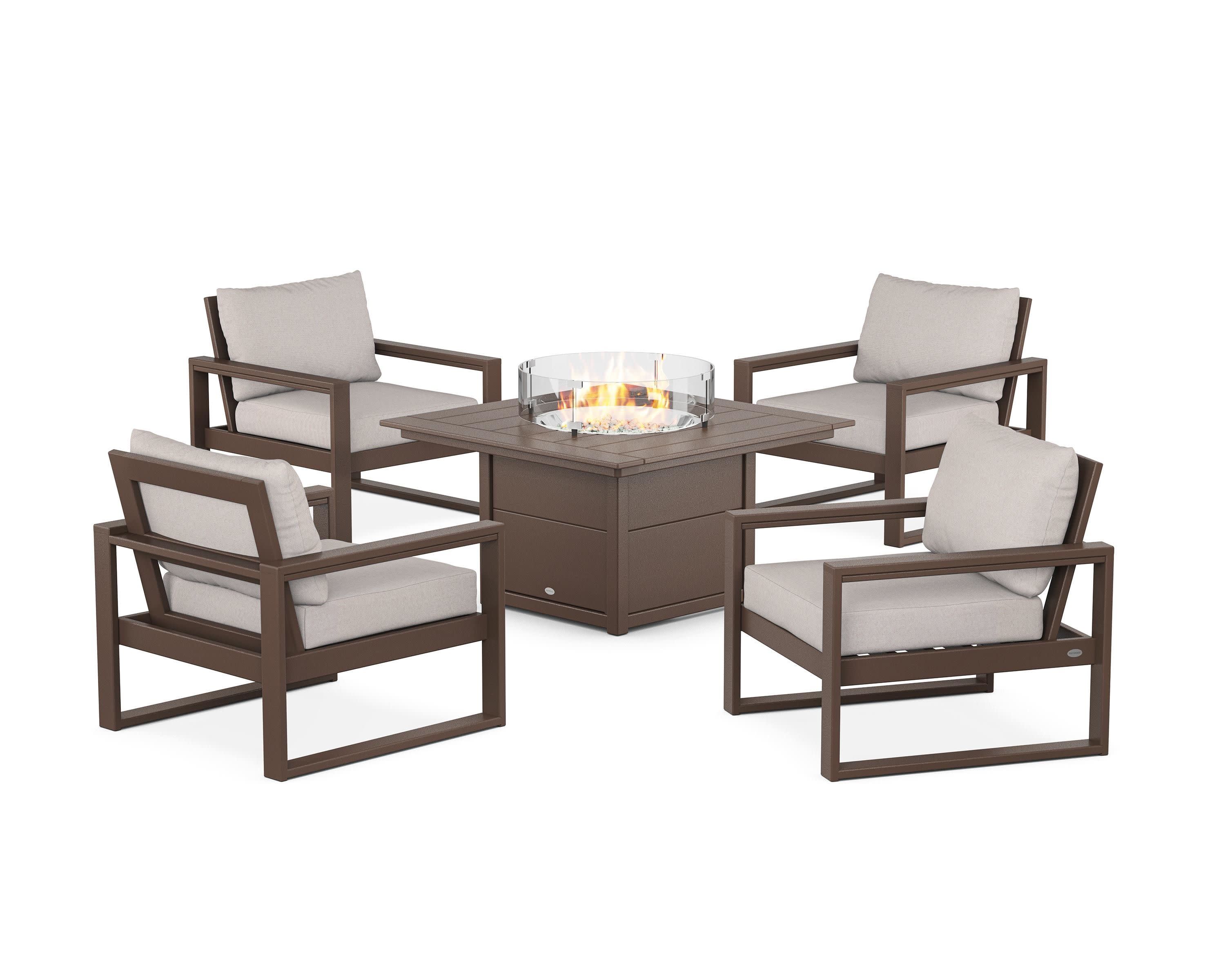 EDGE Sectional 5-Piece Deep Seating Set with Fire Pit Table in Mahogany / Dune Burlap