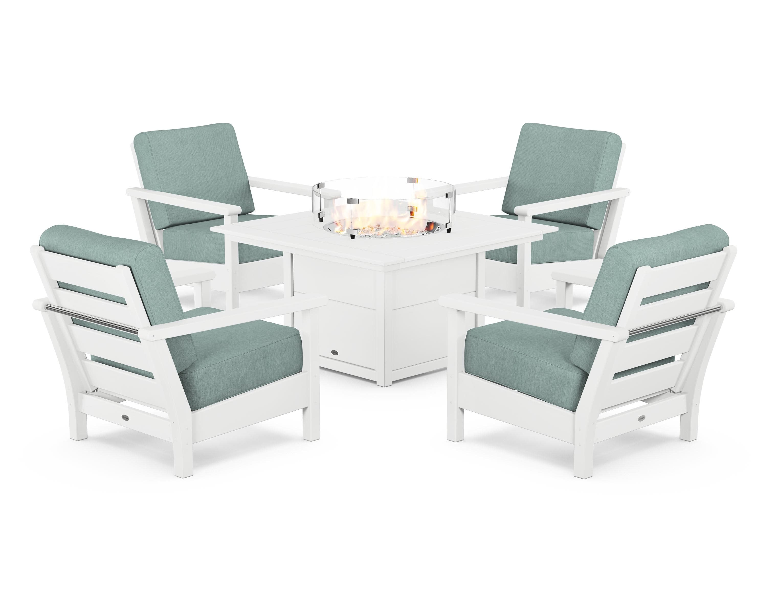 Harbour 5-Piece Conversation Set with Fire Pit Table in White / Glacier Spa