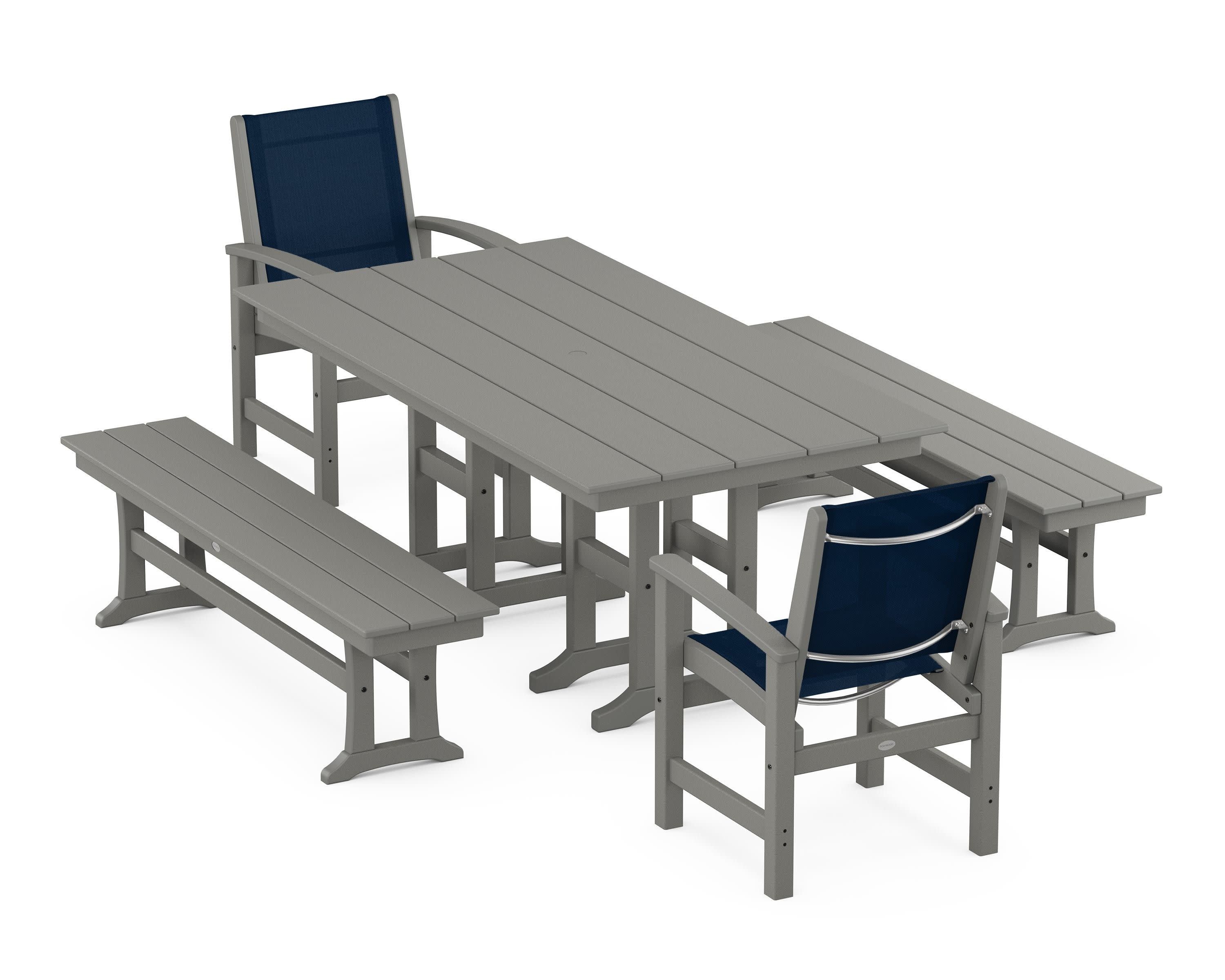 Coastal 5-Piece Farmhouse Dining Set in Slate Grey / Navy Blue Sling