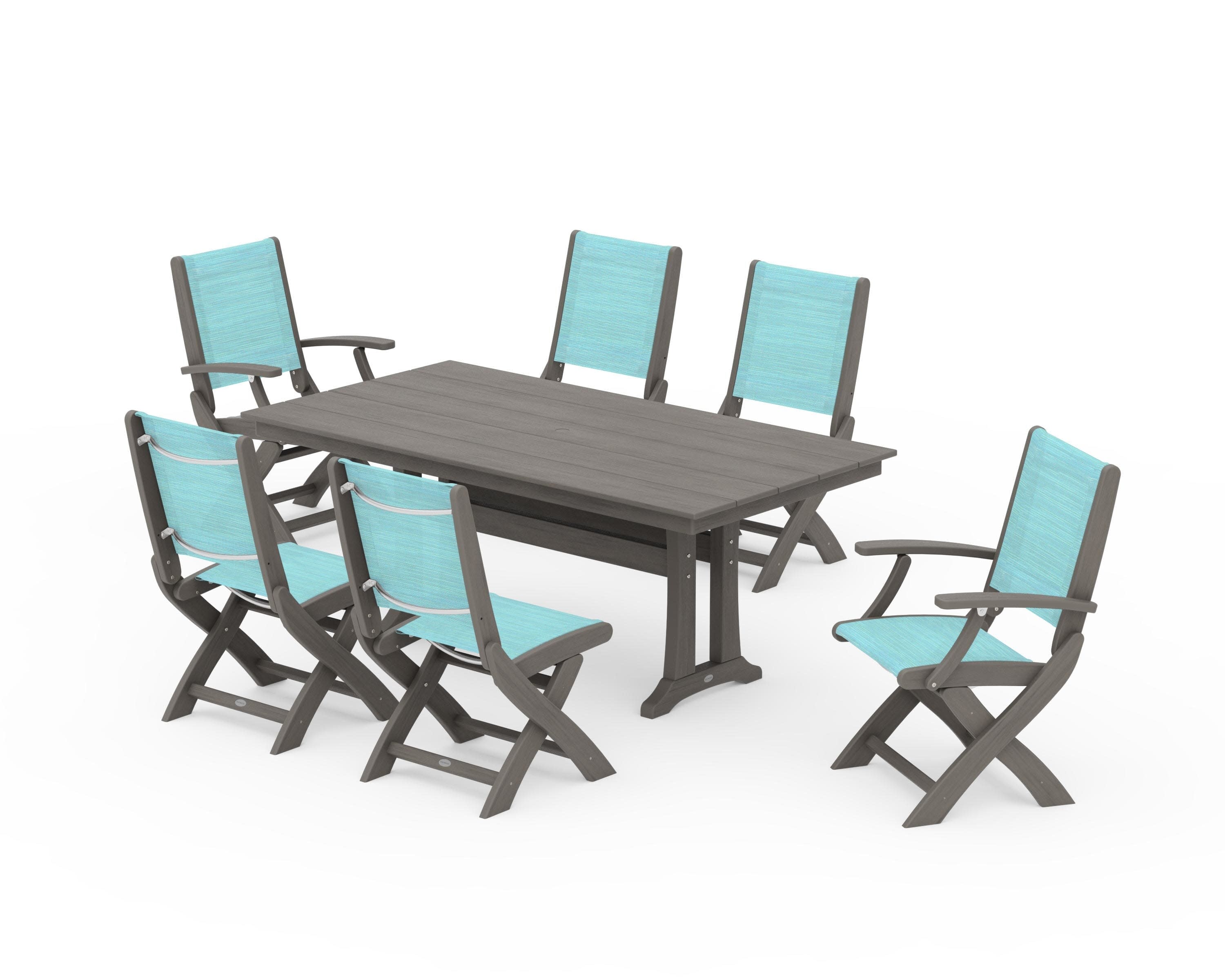 Coastal Folding Chair 7-Piece Farmhouse Dining Set with Trestle Legs in Driftwood / Dupioni Aquamarine Sling