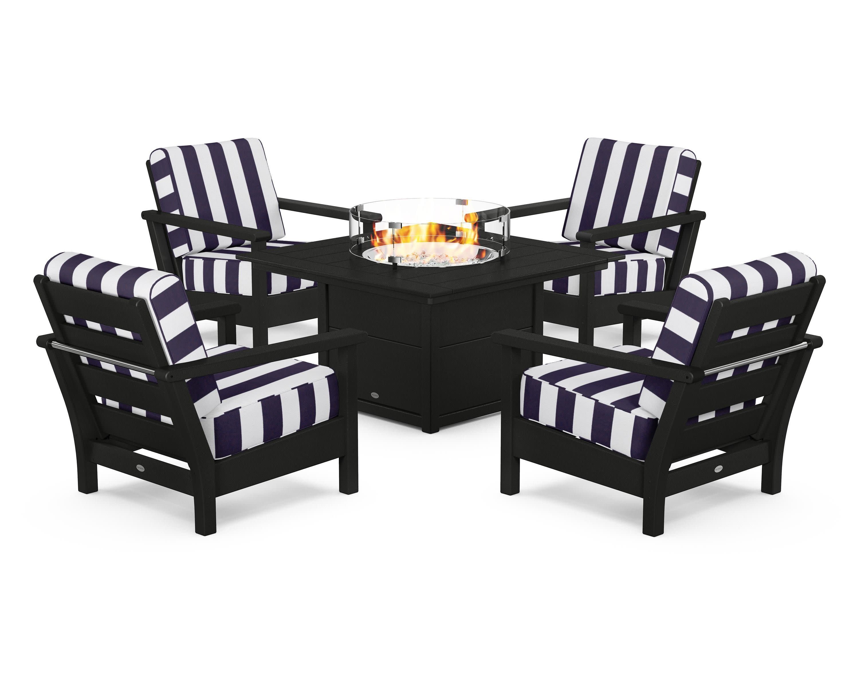Harbour 5-Piece Conversation Set with Fire Pit Table in Black / Cabana Stripe Navy
