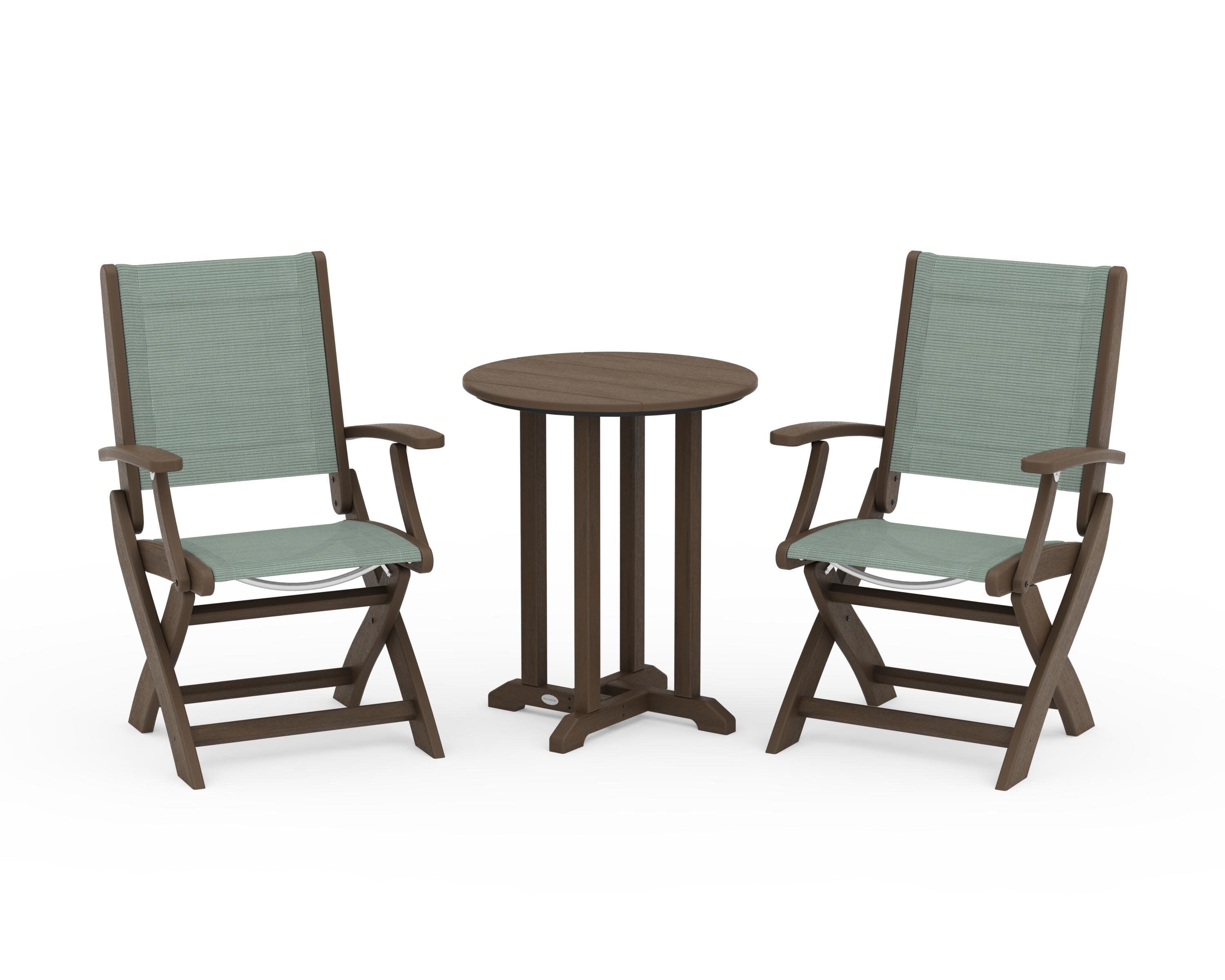 Coastal Folding 3-Piece Round Bistro Dining Set in Kona / Dupioni Sea Mist Sling