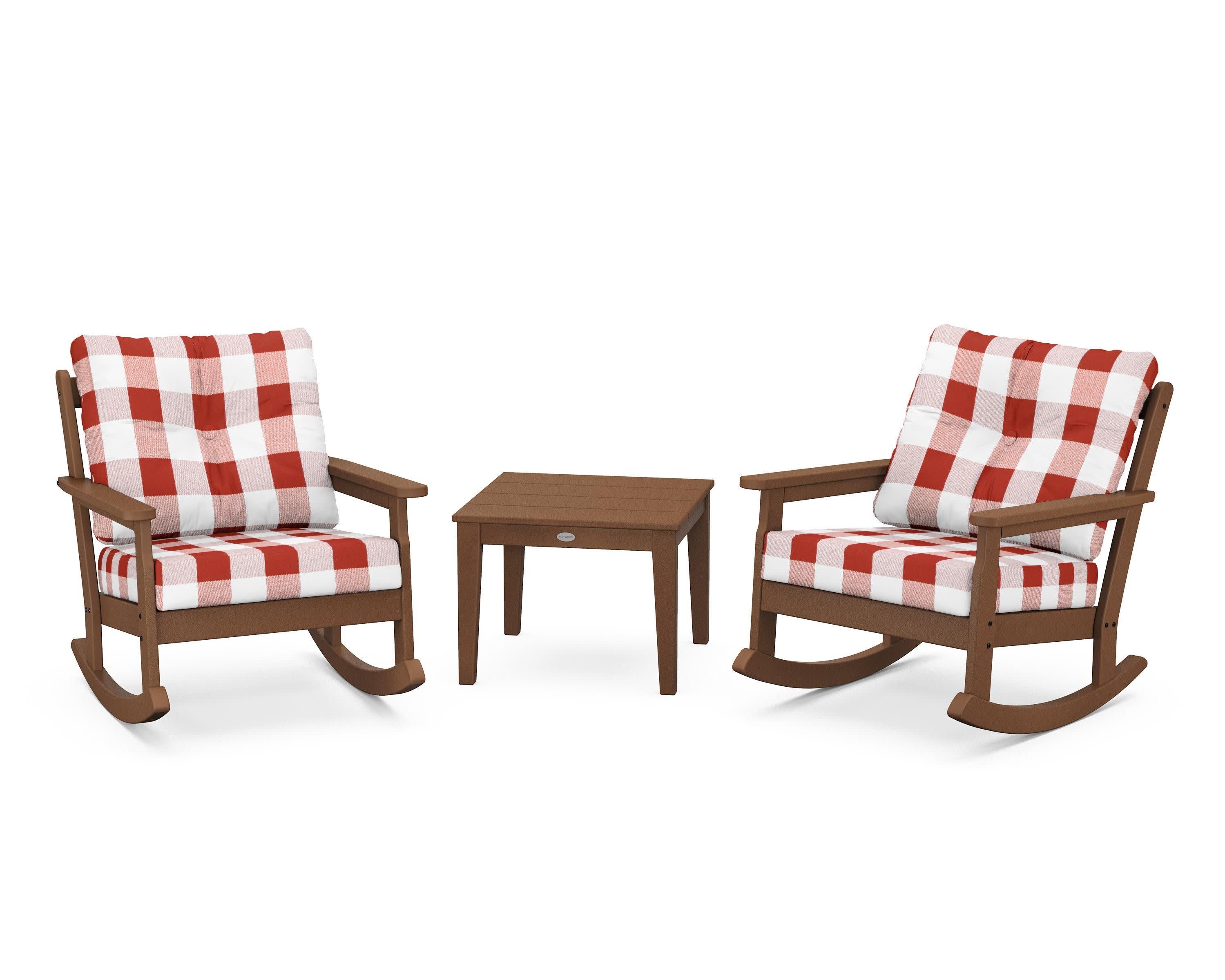 Vineyard 3-Piece Deep Seating Rocker Set in Teak / Buffalo Plaid Crimson