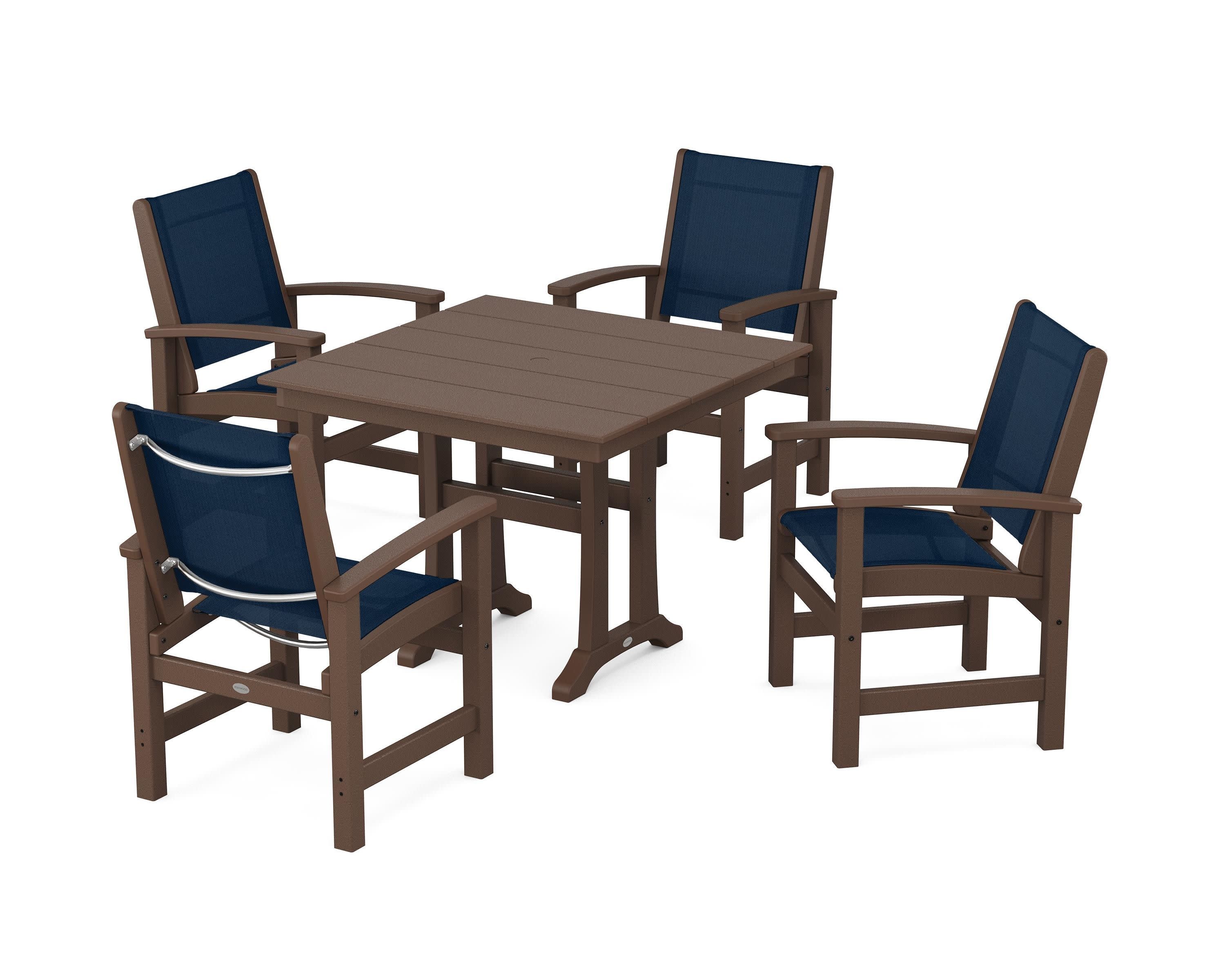 Coastal 5-Piece Farmhouse Dining Set With Trestle Legs in Mahogany / Navy Blue Sling