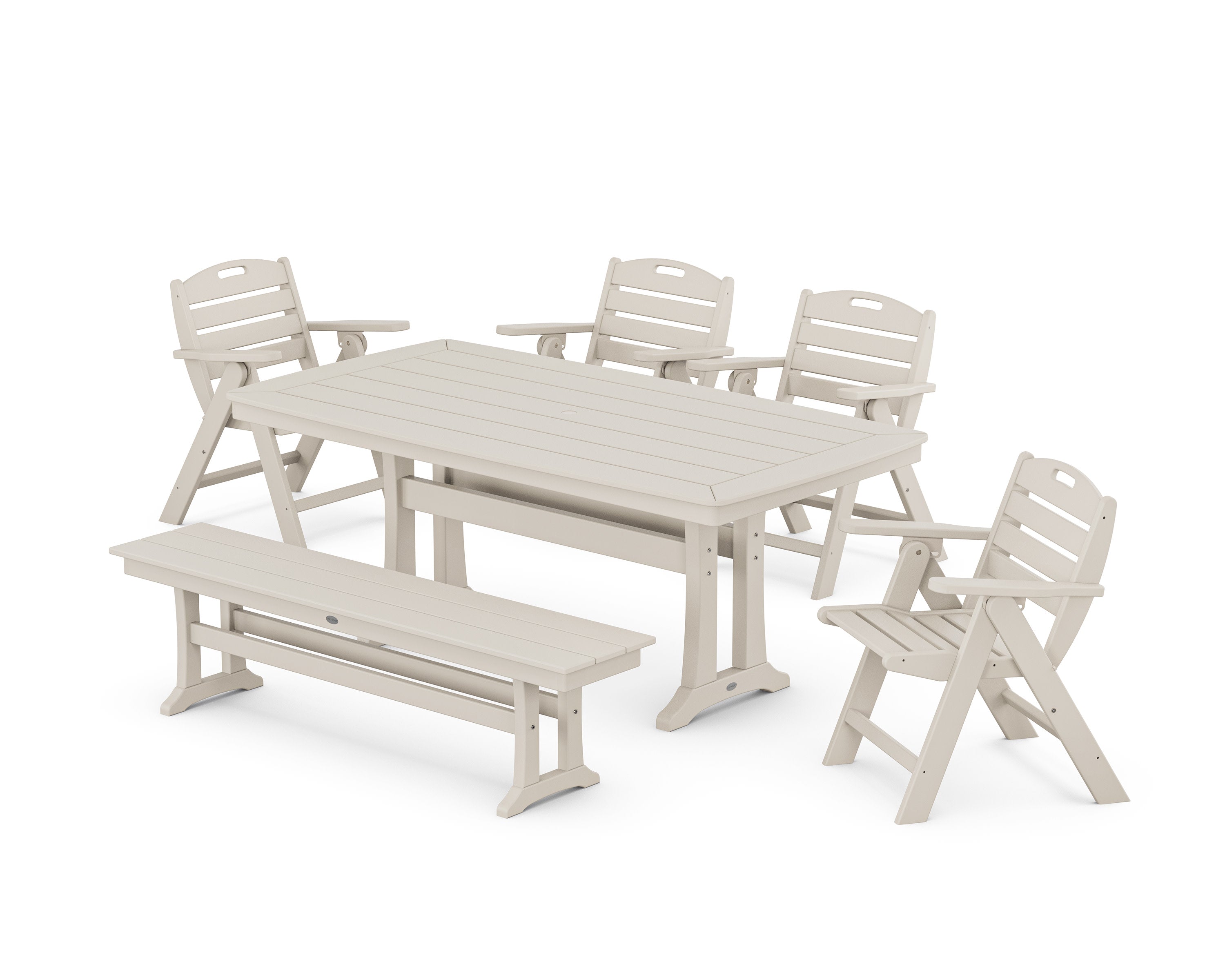 Nautical Lowback 6-Piece Dining Set with Trestle Legs and Bench in Sand