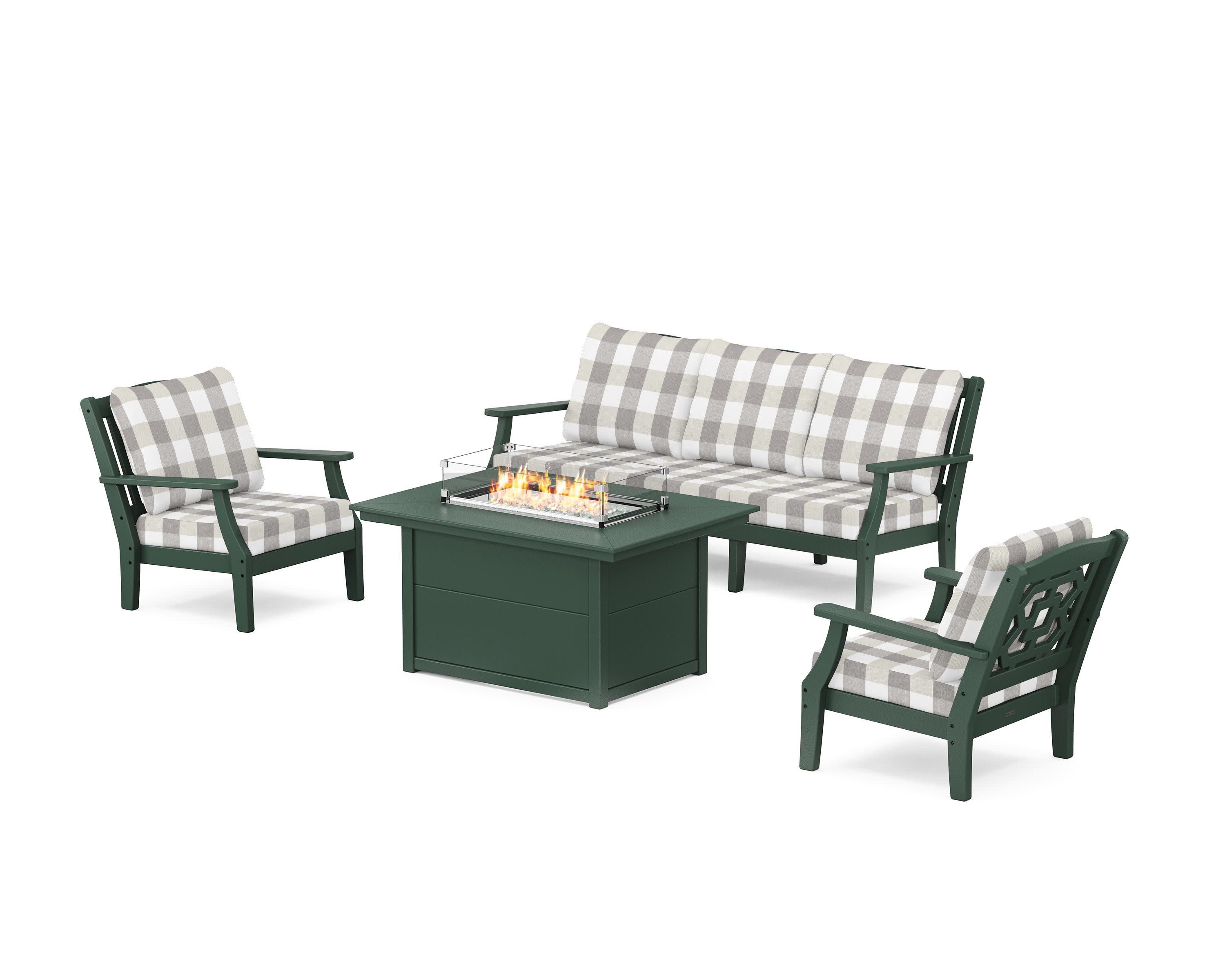 Chinoiserie Deep Seating Fire Pit Table Set in Green / Buffalo Plaid Grey Mist
