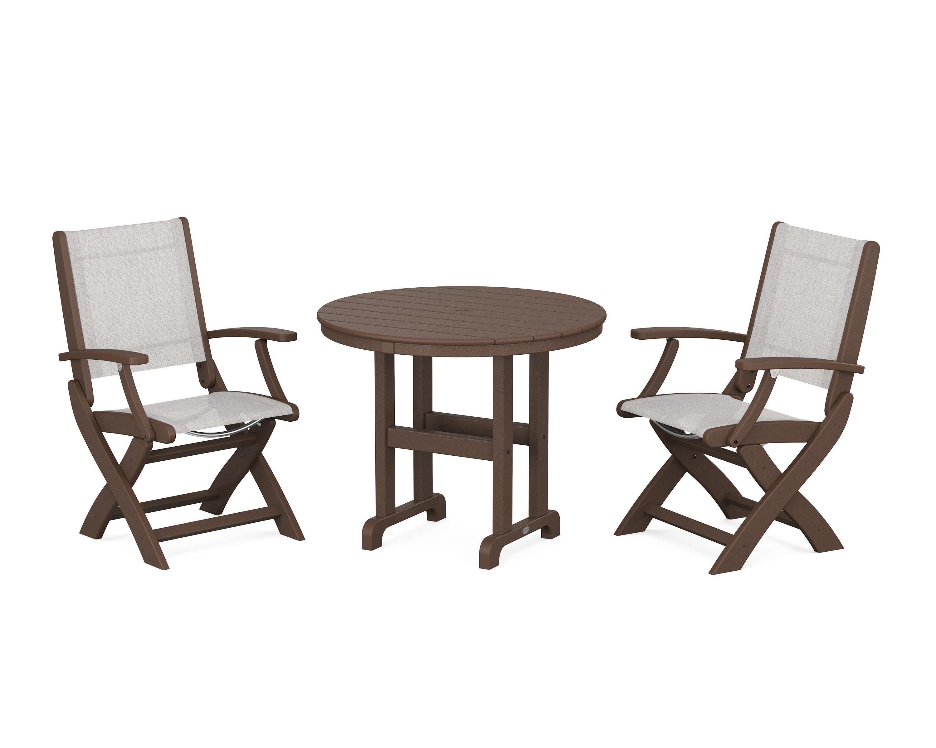 Coastal Folding Chair 3-Piece Round Dining Set in Mahogany / Parchment Sling