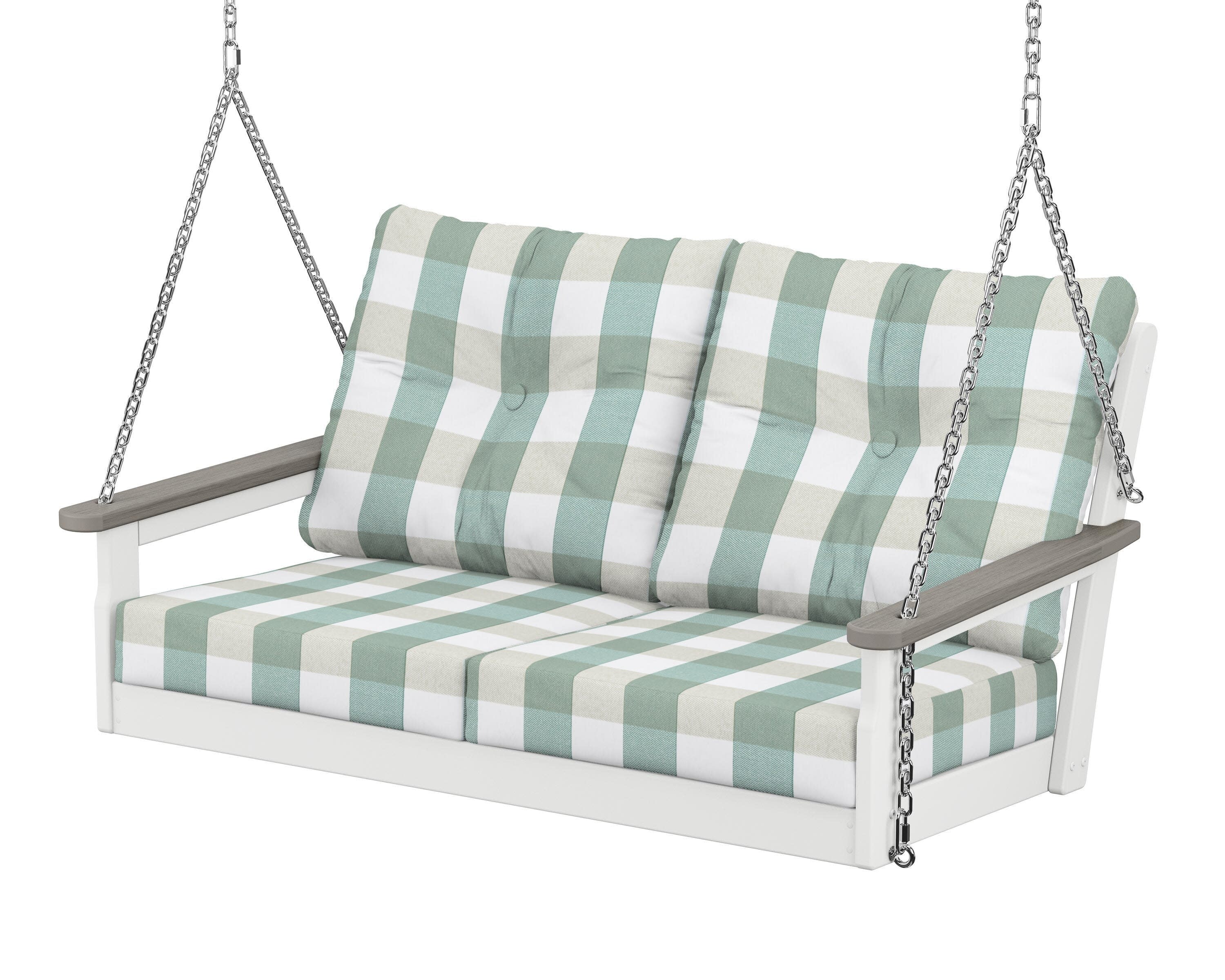 Vineyard Deep Seating Swing in White / Driftwood / Buffalo Plaid Glacier Spa