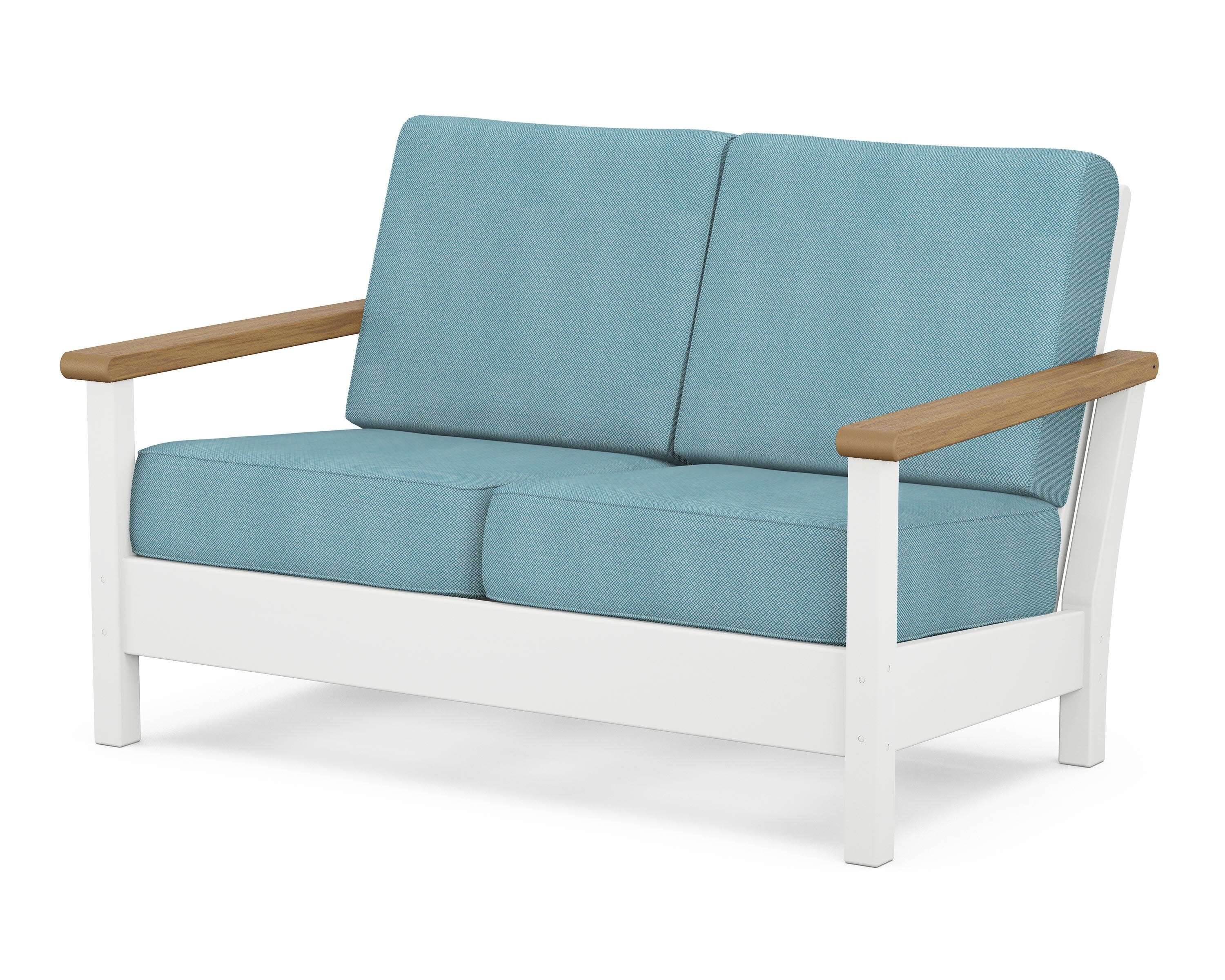 Harbour Deep Seating Loveseat in White / Natural / Lattice Sky Blue