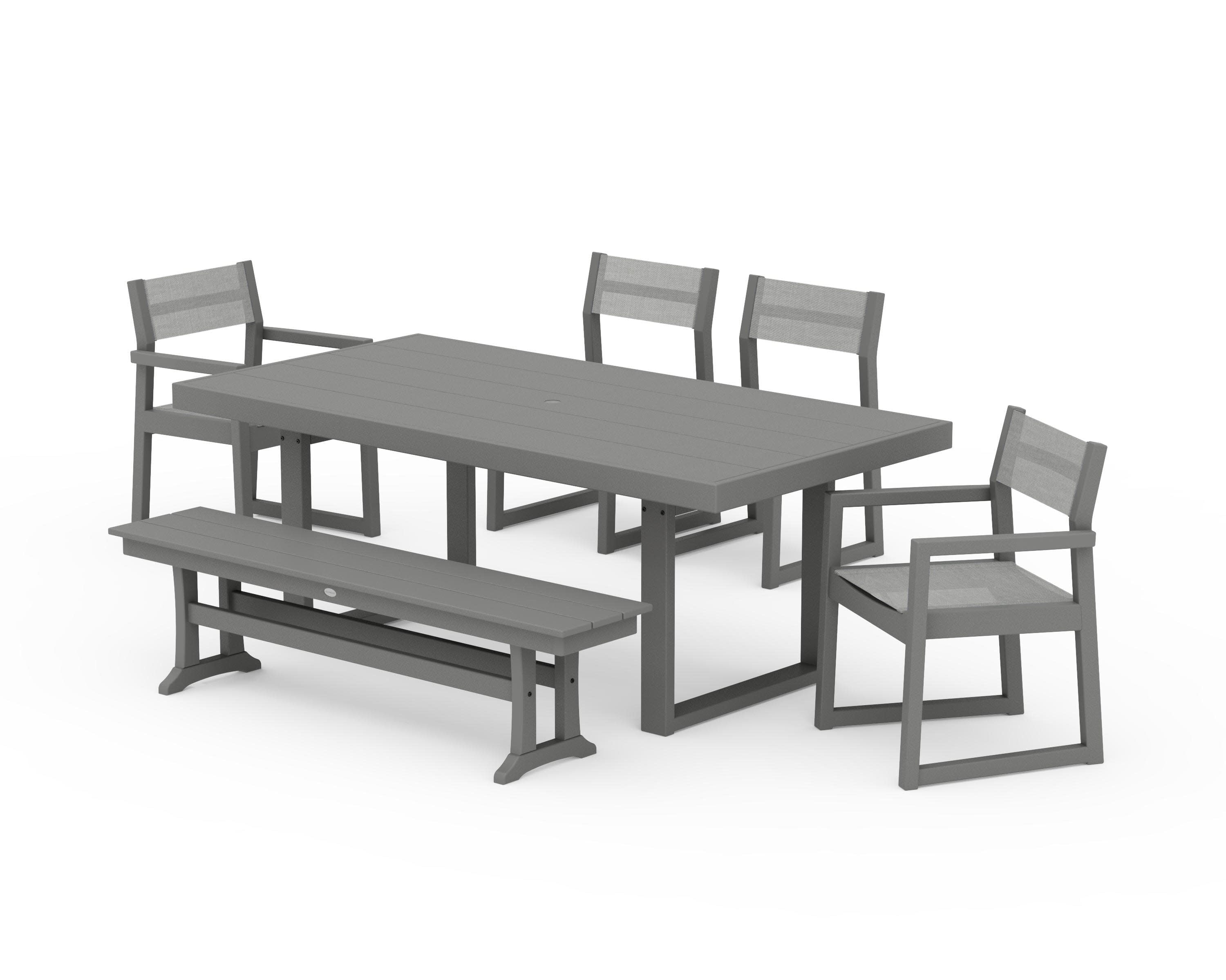 EDGE Sling 6-Piece Dining Set with Bench in Slate Grey / Metallic Sling