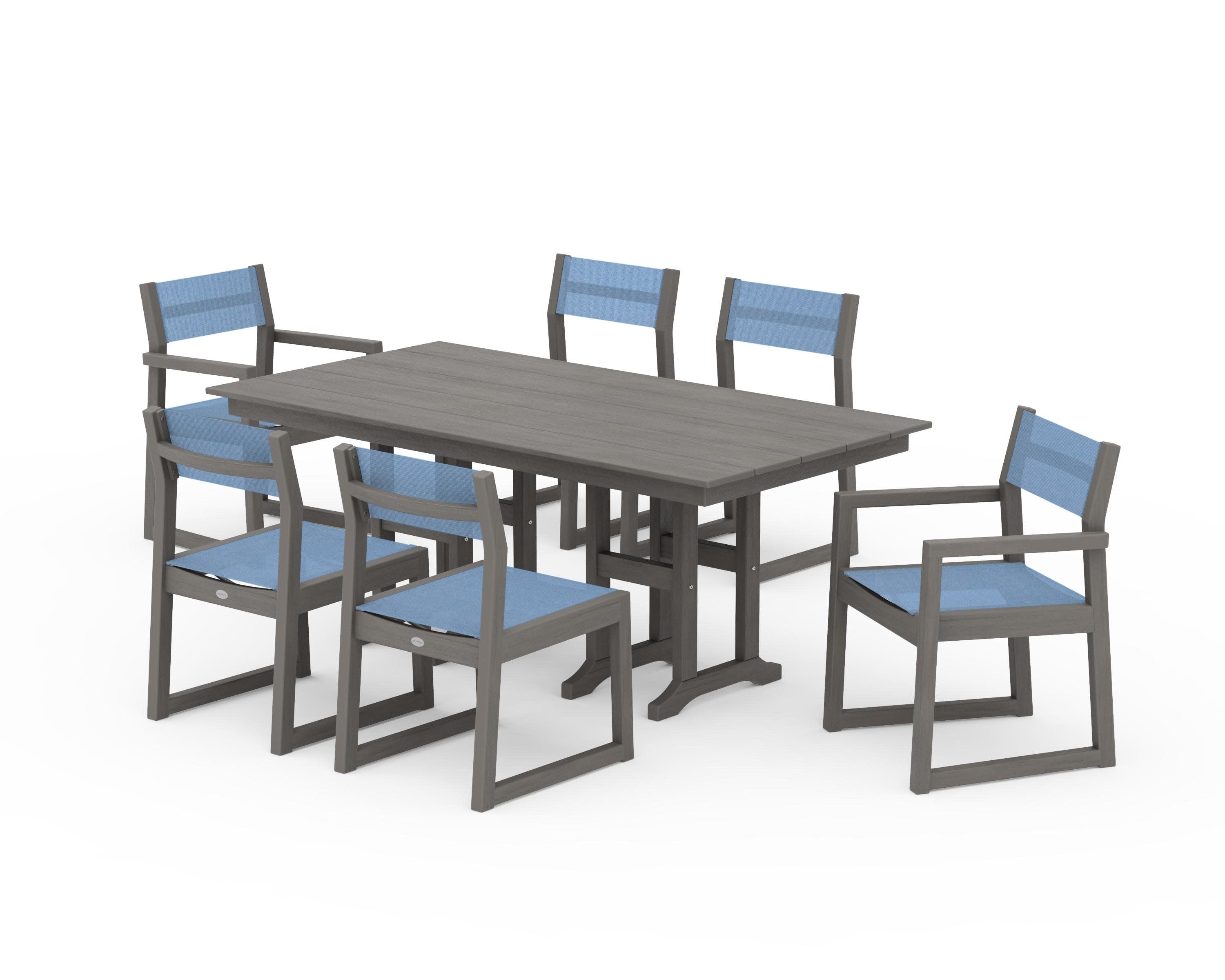 EDGE Sling 7-Piece Farmhouse Dining Set in Driftwood / Poolside Sling