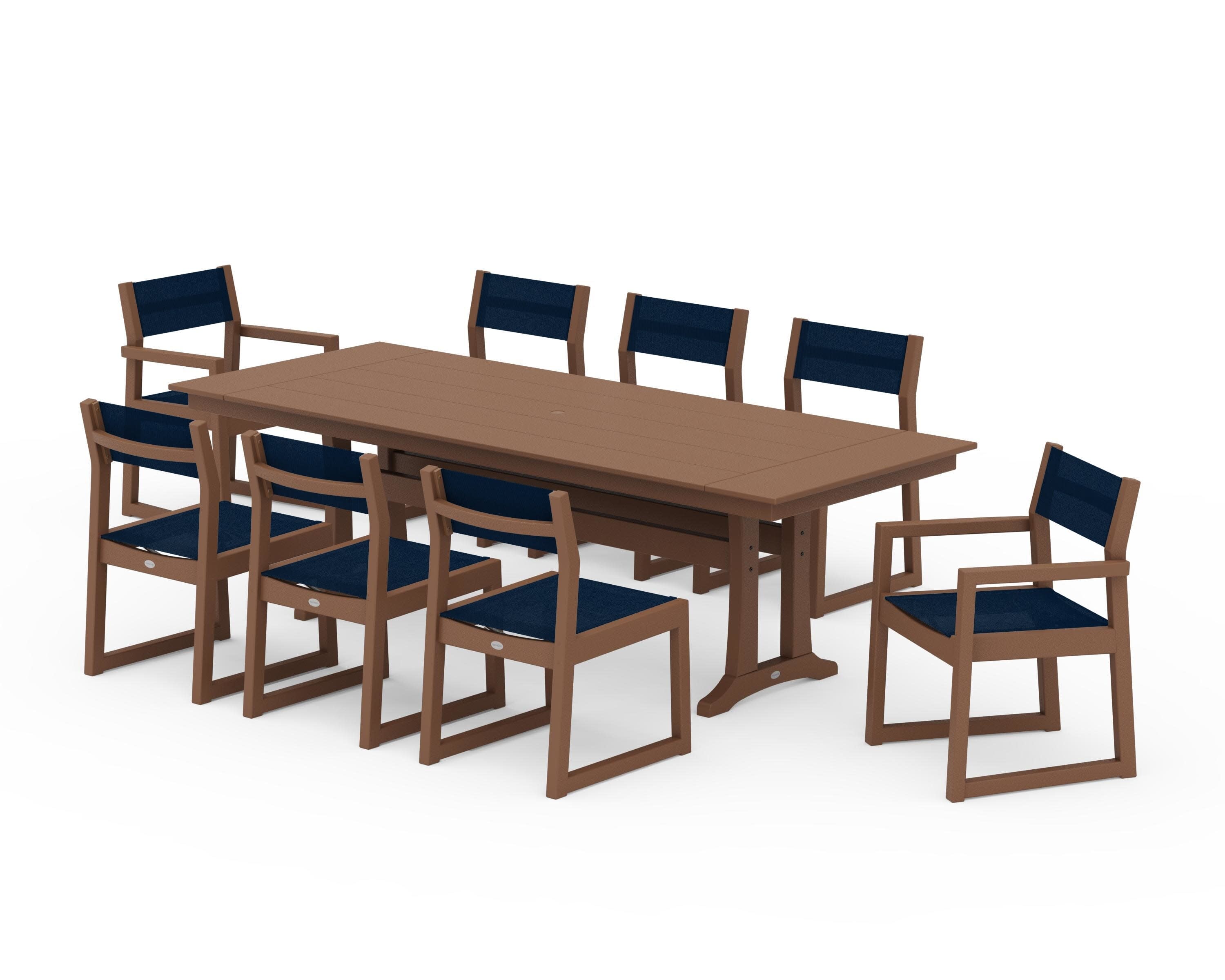 EDGE Sling 9-Piece Farmhouse Trestle Dining Set in Teak / Navy Blue Sling