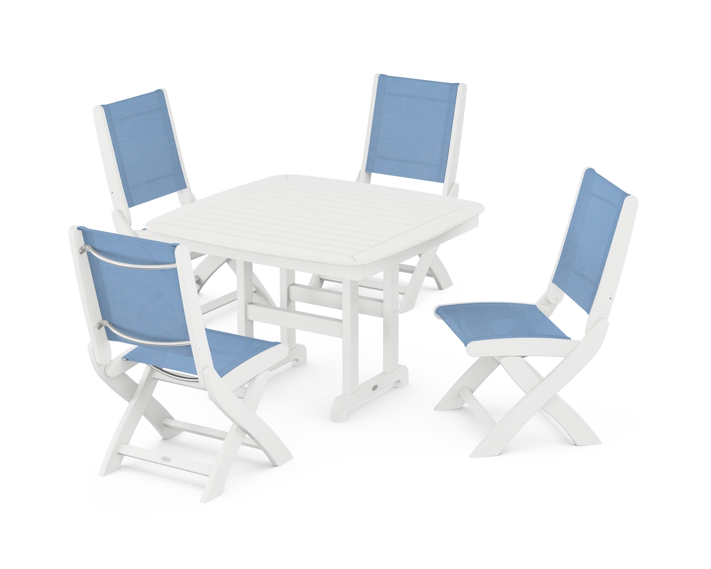 Coastal Folding Side Chair 5-Piece Dining Set in White / Poolside Sling