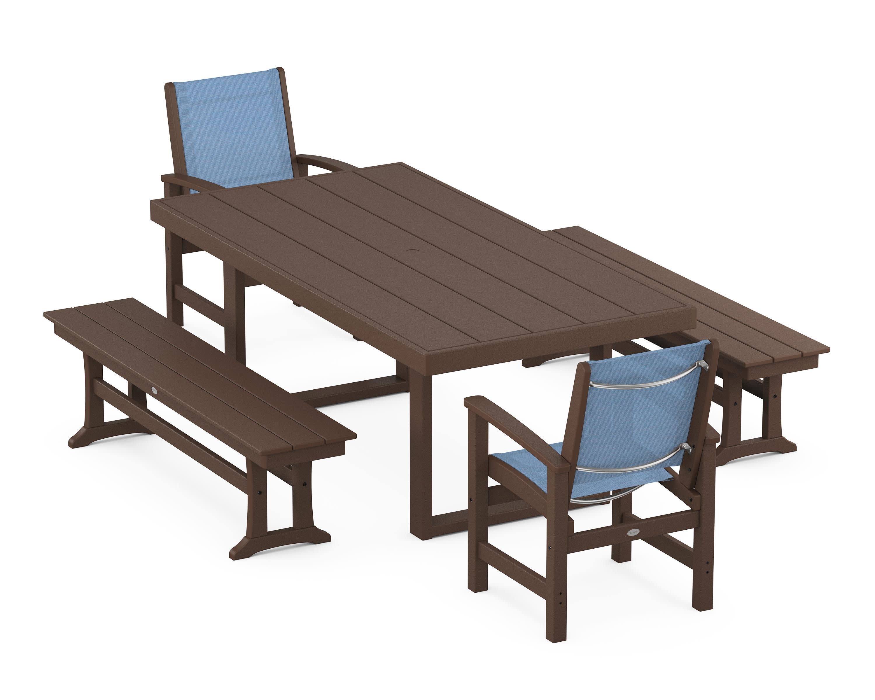 Coastal 5-Piece Dining Set with Trestle Legs in Mahogany / Poolside Sling