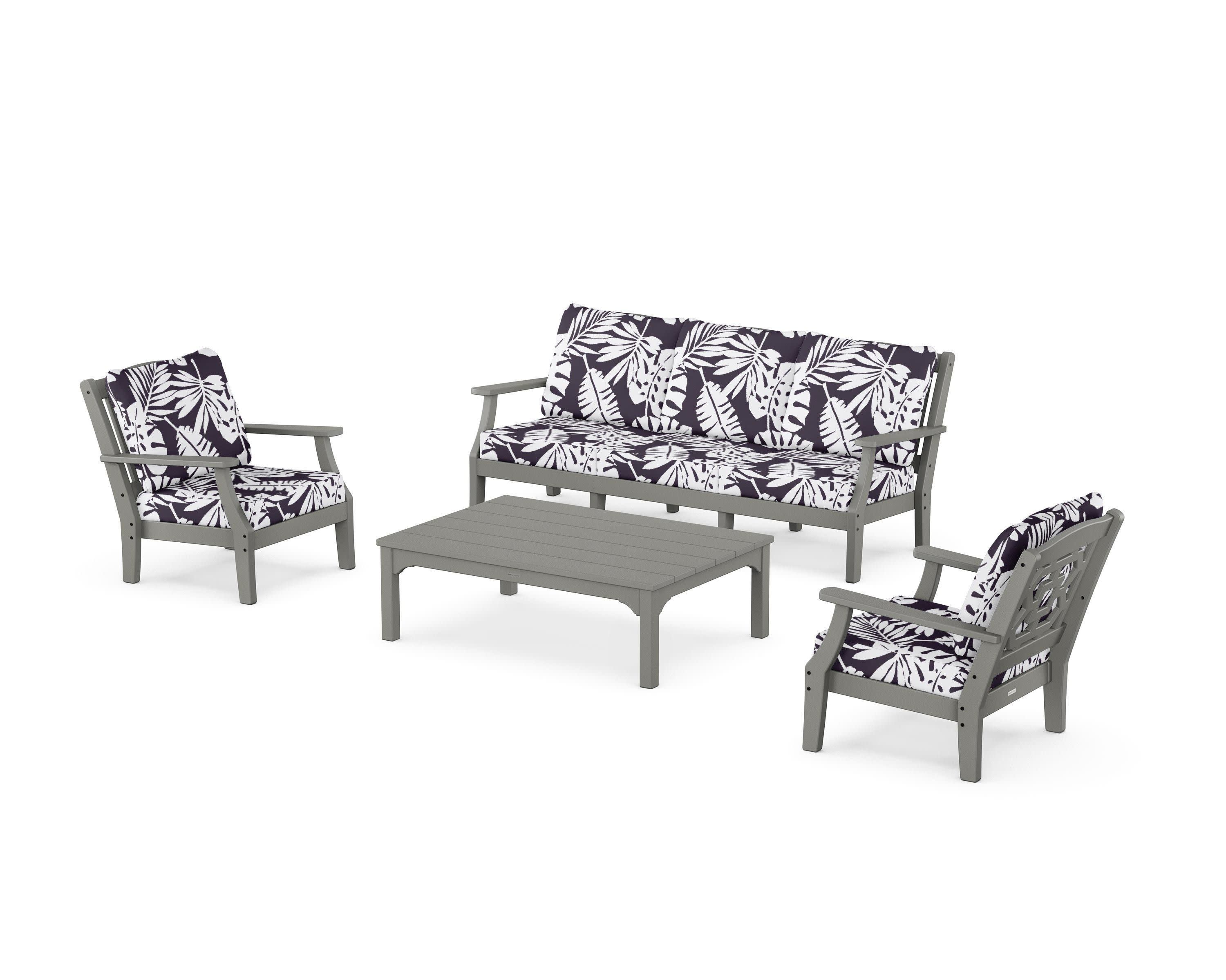Chinoiserie 4-Piece Deep Seating Set with Sofa in Slate Grey / Leaf Navy