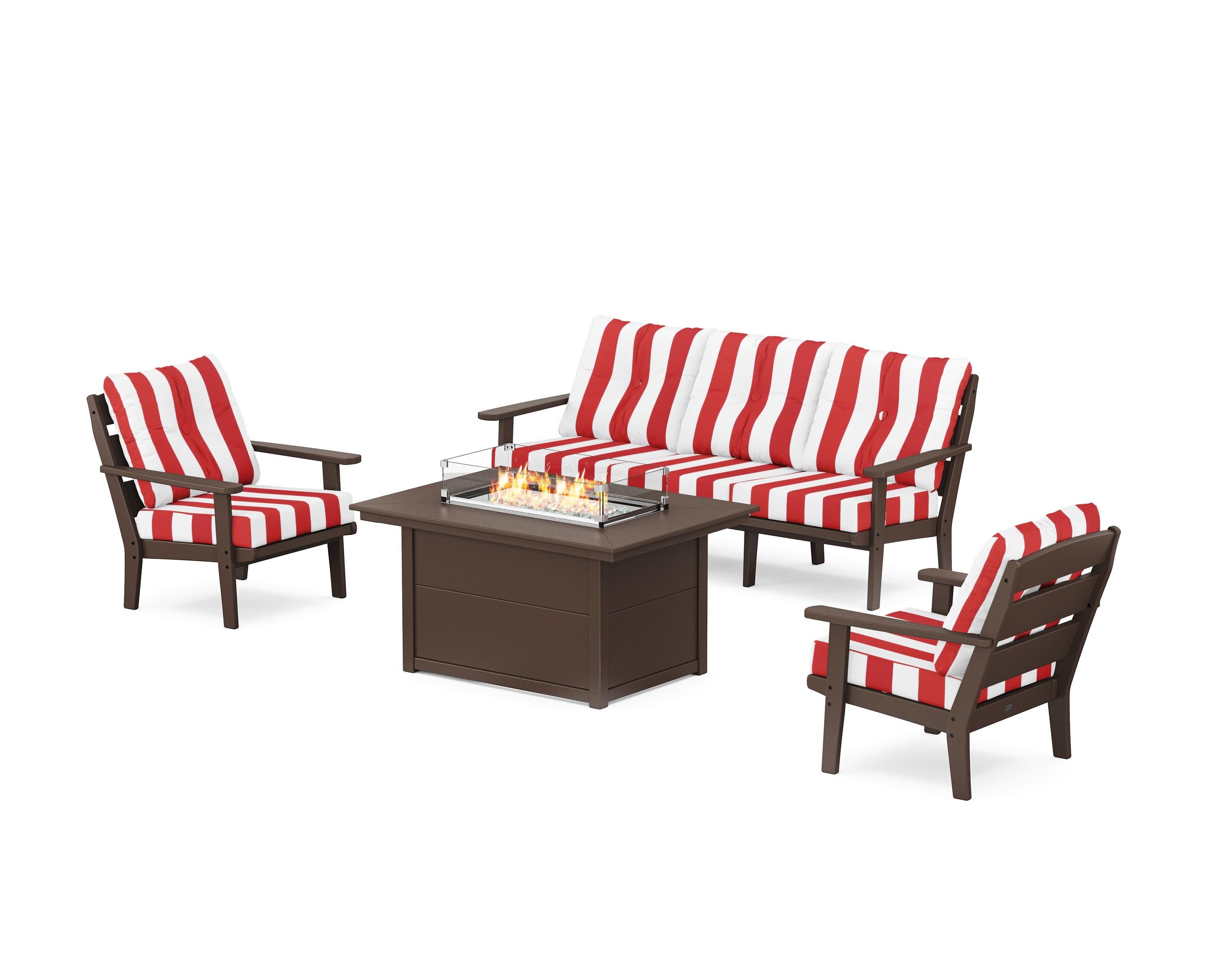 Lakeside Deep Seating Fire Pit Table Set in Mahogany / Cabana Stripe Crimson