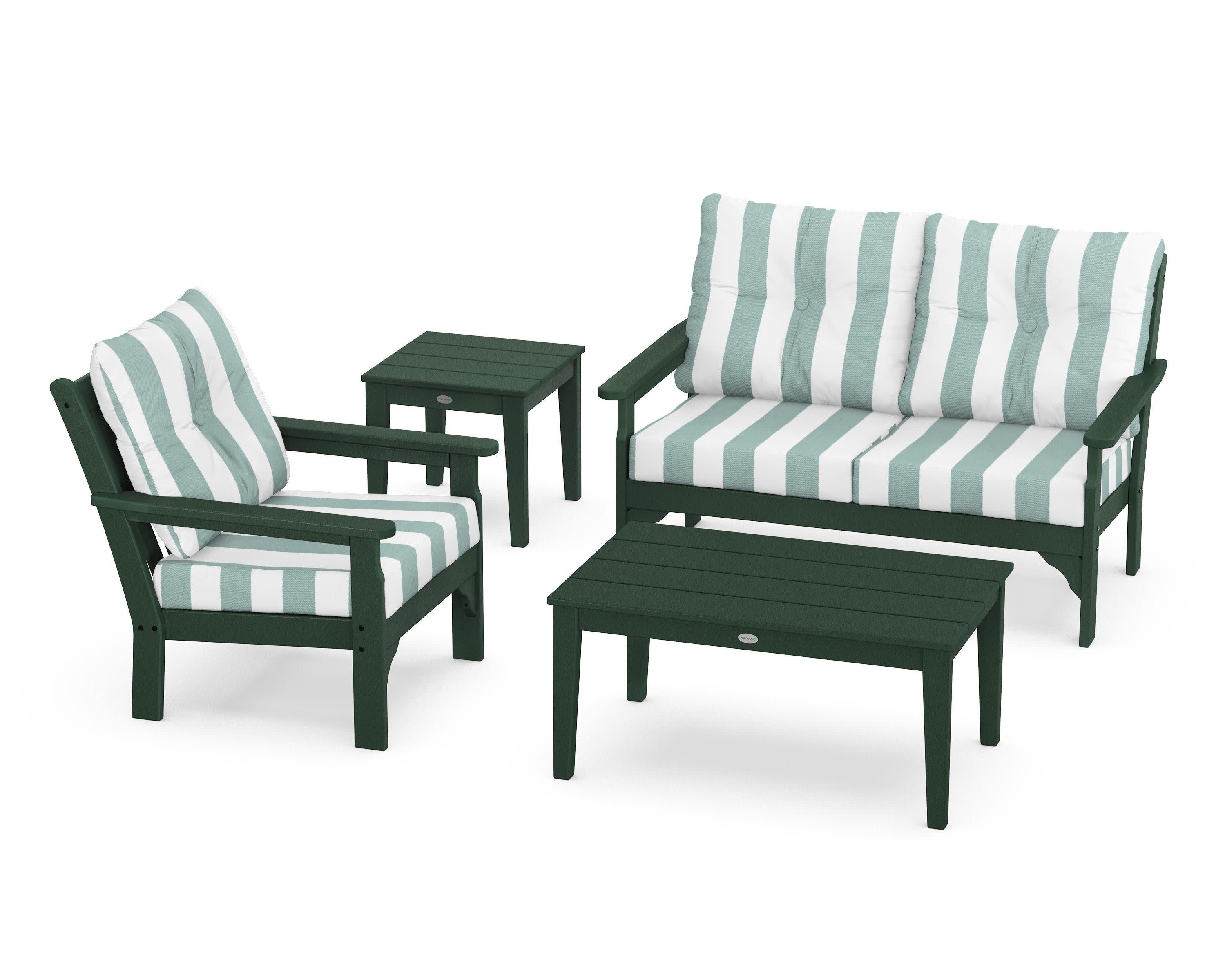 Vineyard 4-Piece Deep Seating Set in Green / Cabana Stripe Glacier Spa