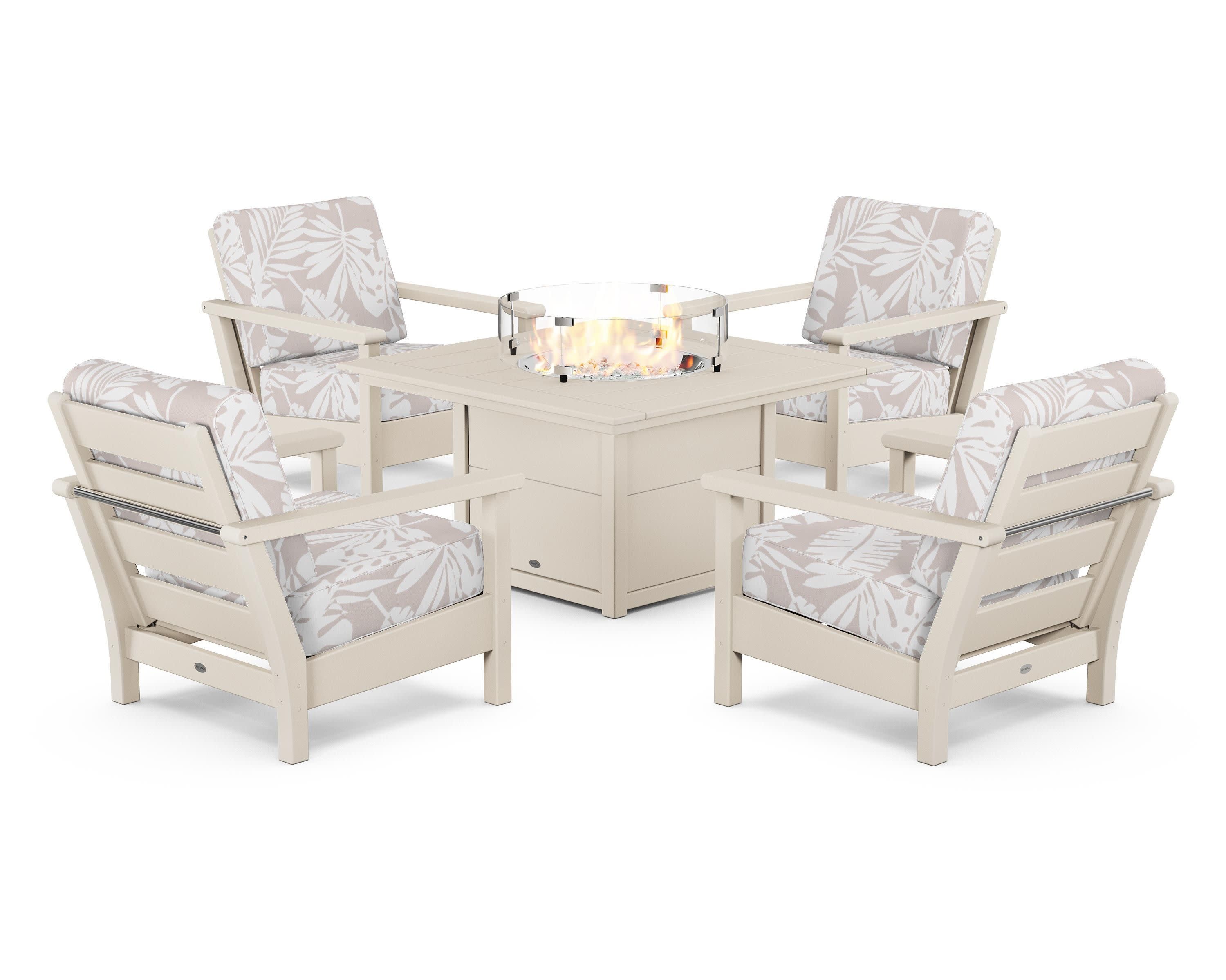 Harbour 5-Piece Conversation Set with Fire Pit Table in Sand / Leaf Dune Burlap