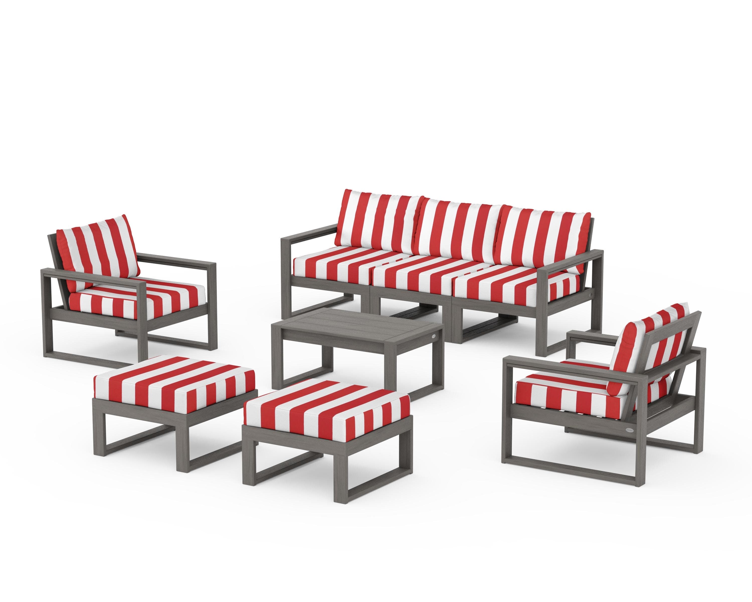 EDGE Sectional 8-Piece Lounge Sofa Set in Driftwood / Cabana Stripe Crimson