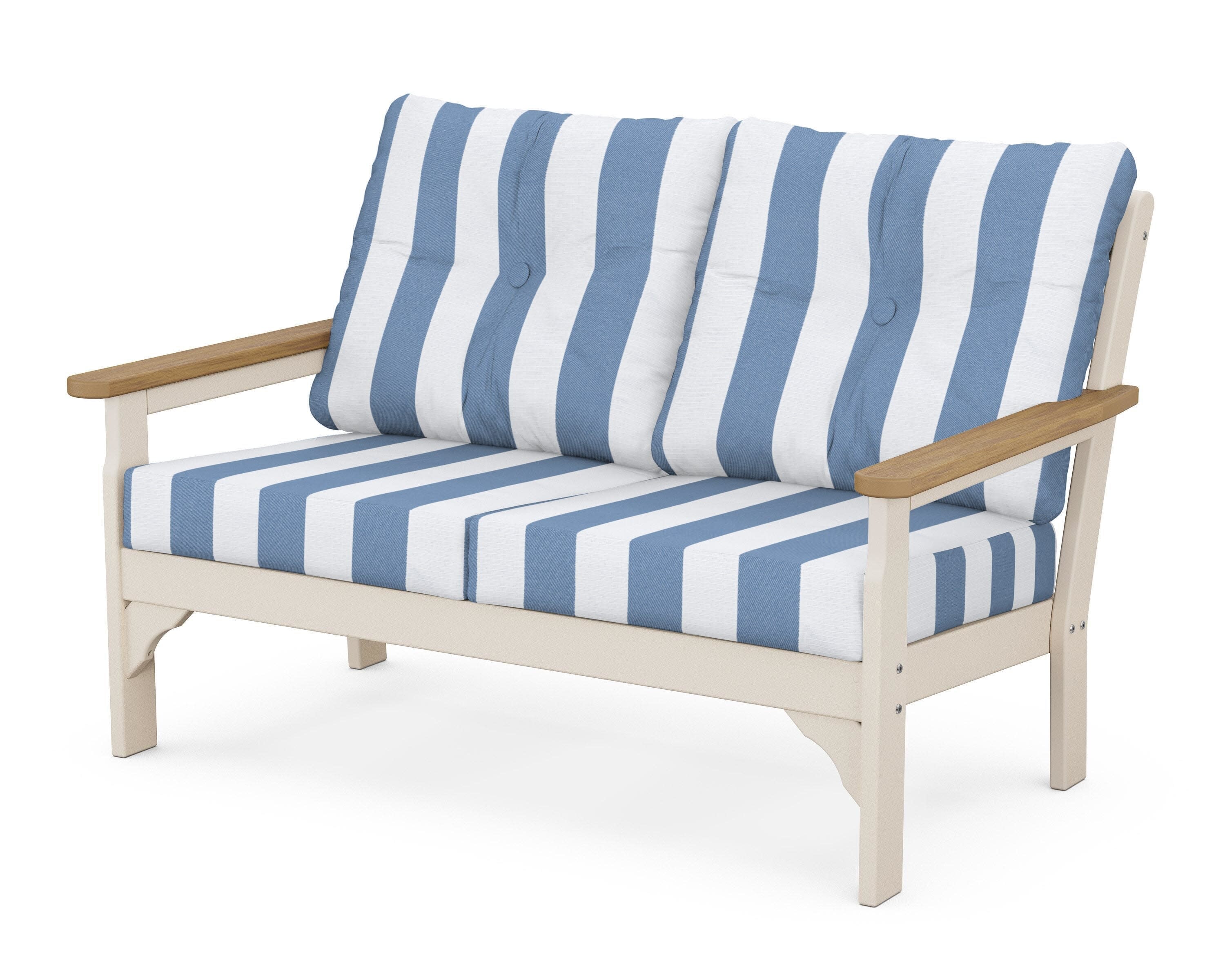 Vineyard Deep Seating Loveseat in Sand / Natural / Cabana Stripe Sky Blue