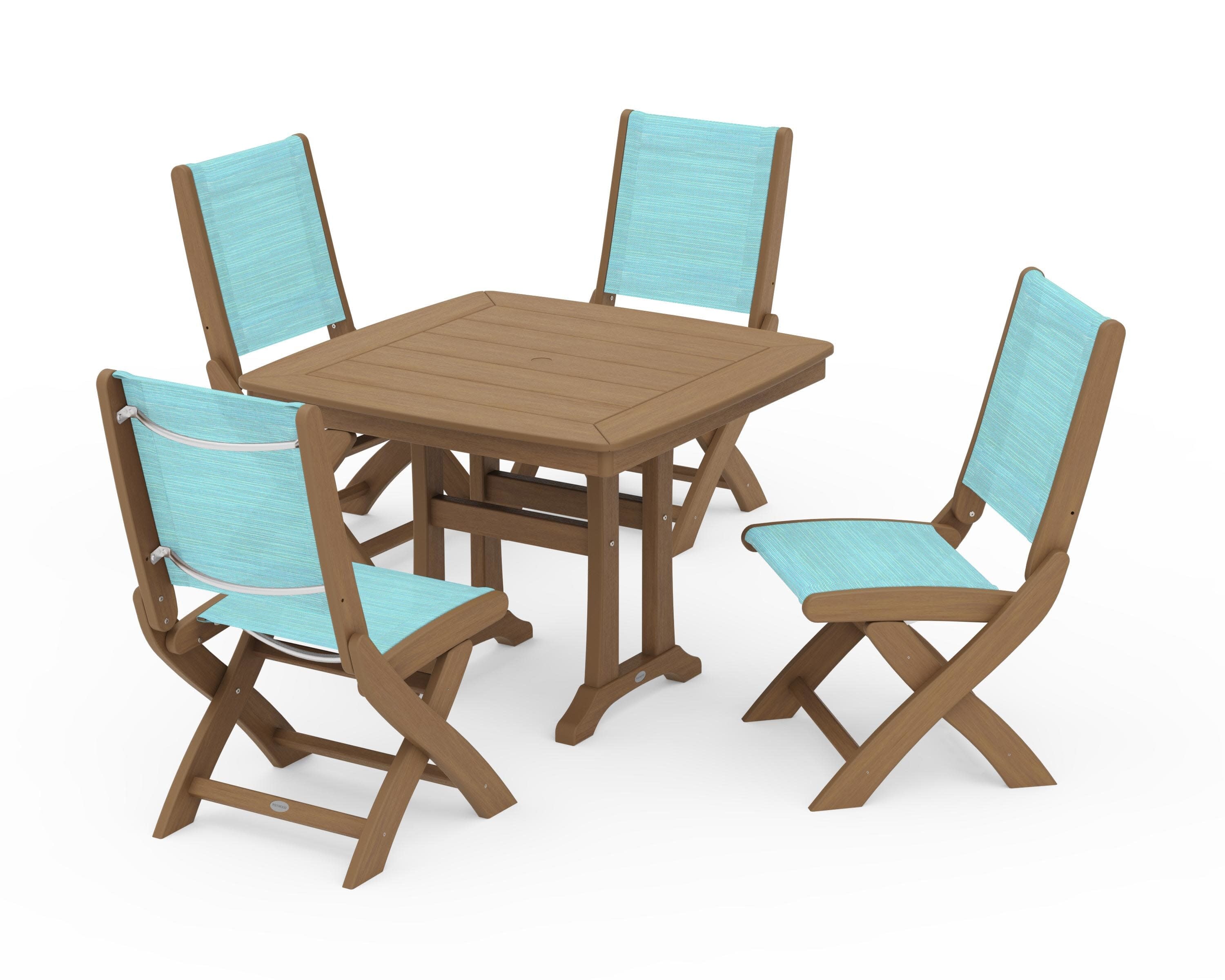 Coastal Folding Side Chair 5-Piece Dining Set with Trestle Legs in Natural / Dupioni Aquamarine Sling