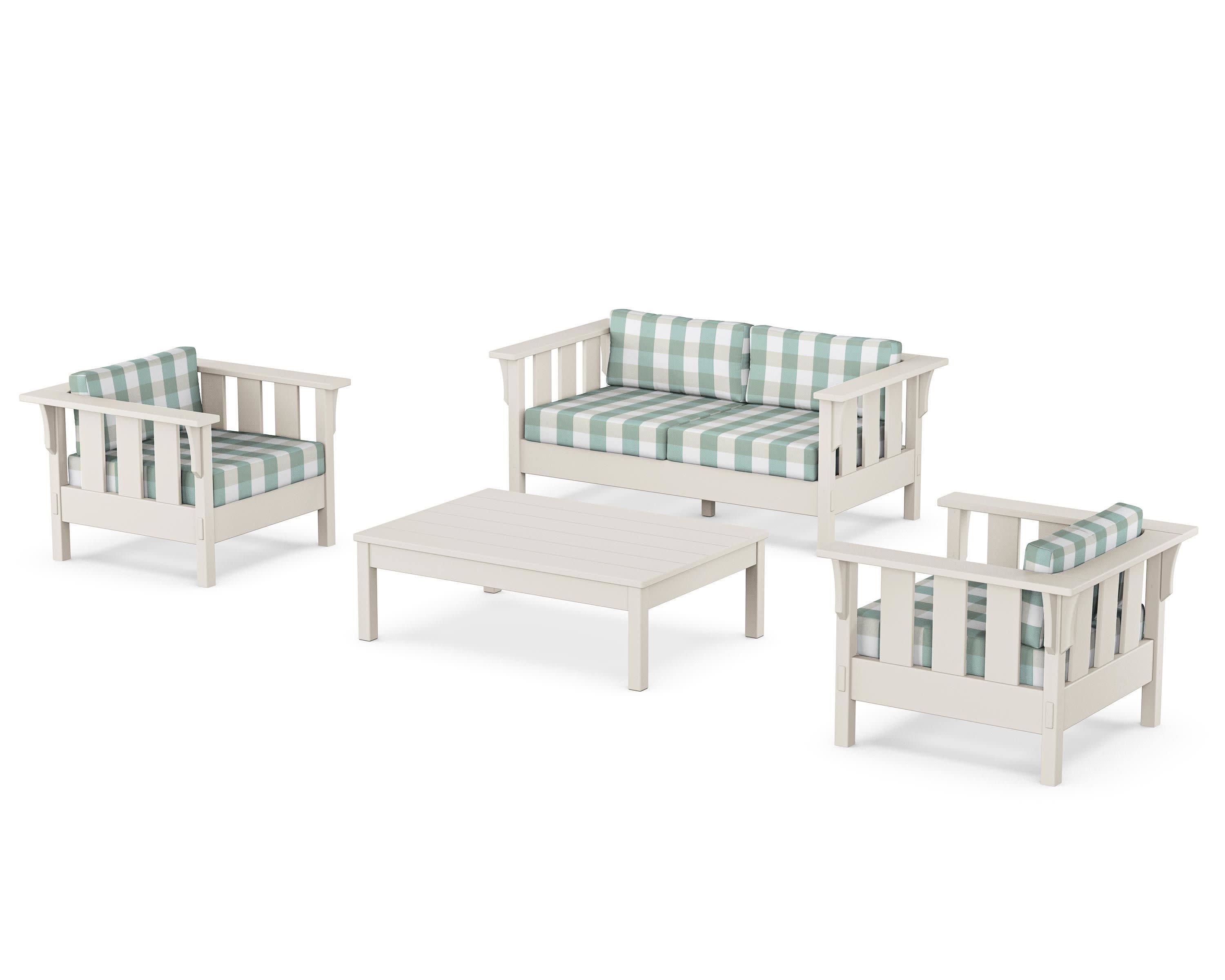 Acadia 4-Piece Deep Seating Set with Loveseat in Sand / Buffalo Plaid Glacier Spa