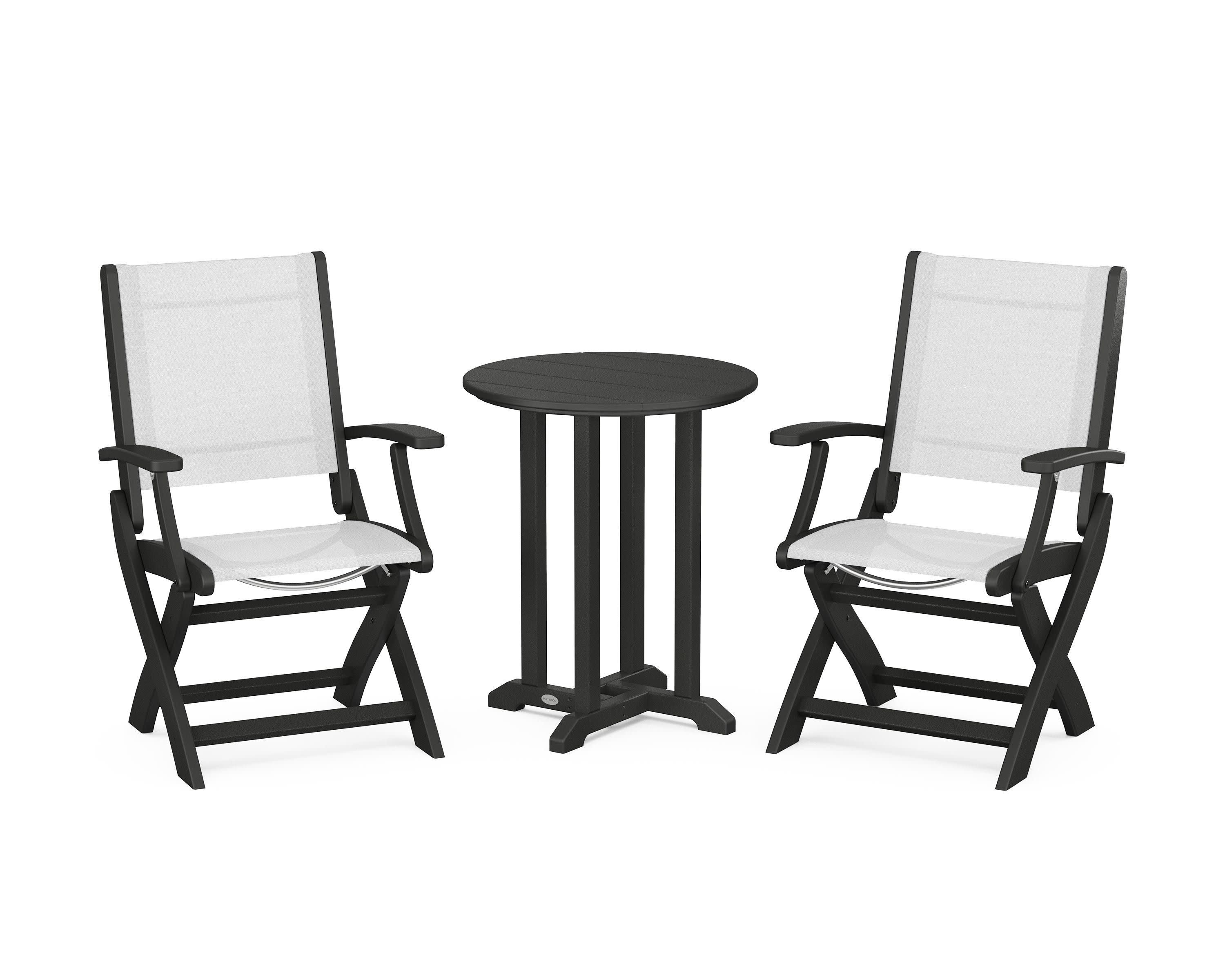 Coastal Folding 3-Piece Round Bistro Dining Set in Black / White Sling
