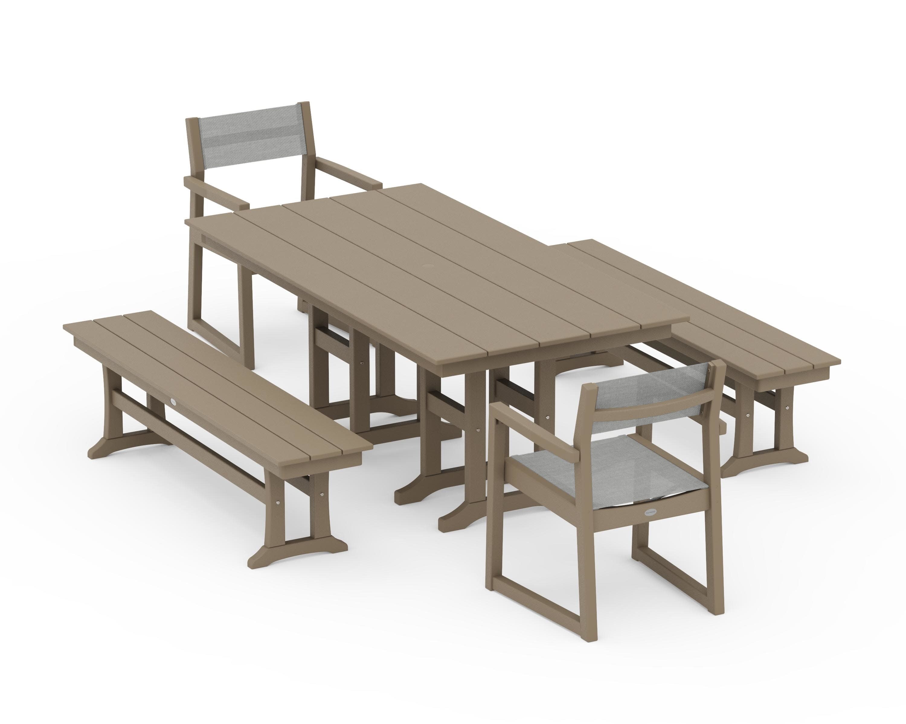 EDGE Sling Arm Chair 5-Piece Farmhouse Dining Set with Benches in Vintage Sahara / Metallic Sling