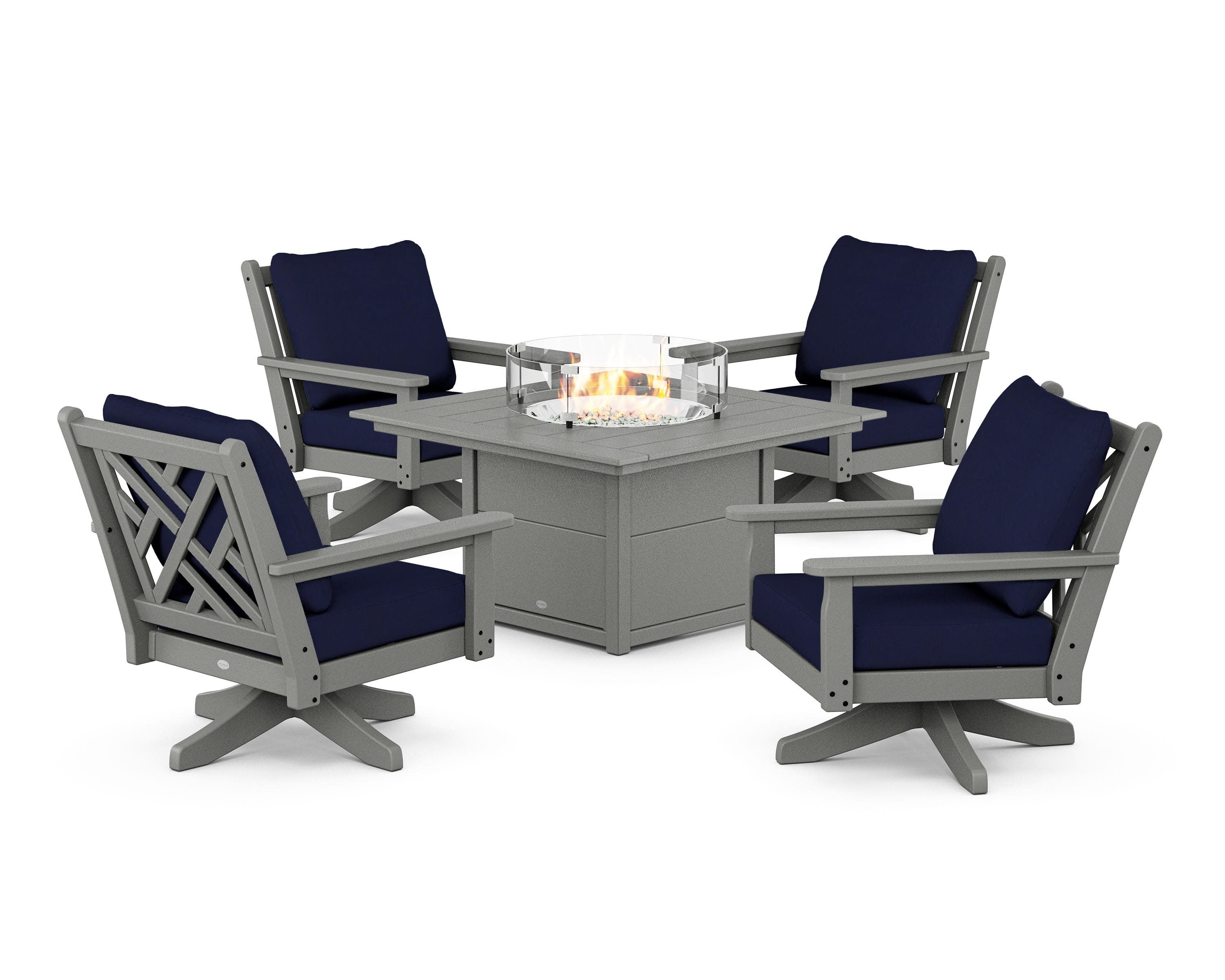 Chippendale 5-Piece Deep Seating Swivel Conversation Set with Fire Pit Table in Slate Grey / Navy