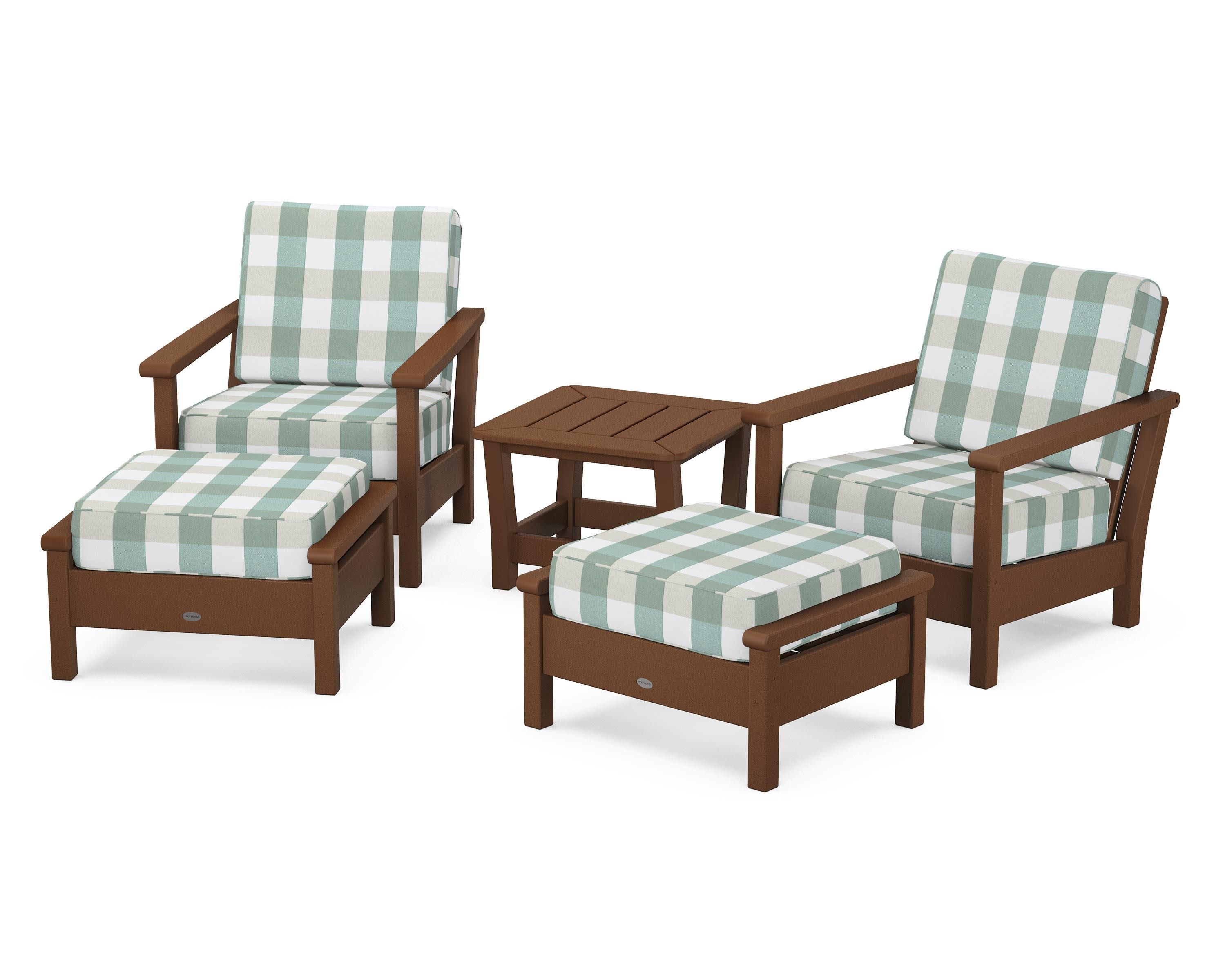 Harbour 5-Piece Deep Seating Chair Set in Teak / Buffalo Plaid Glacier Spa