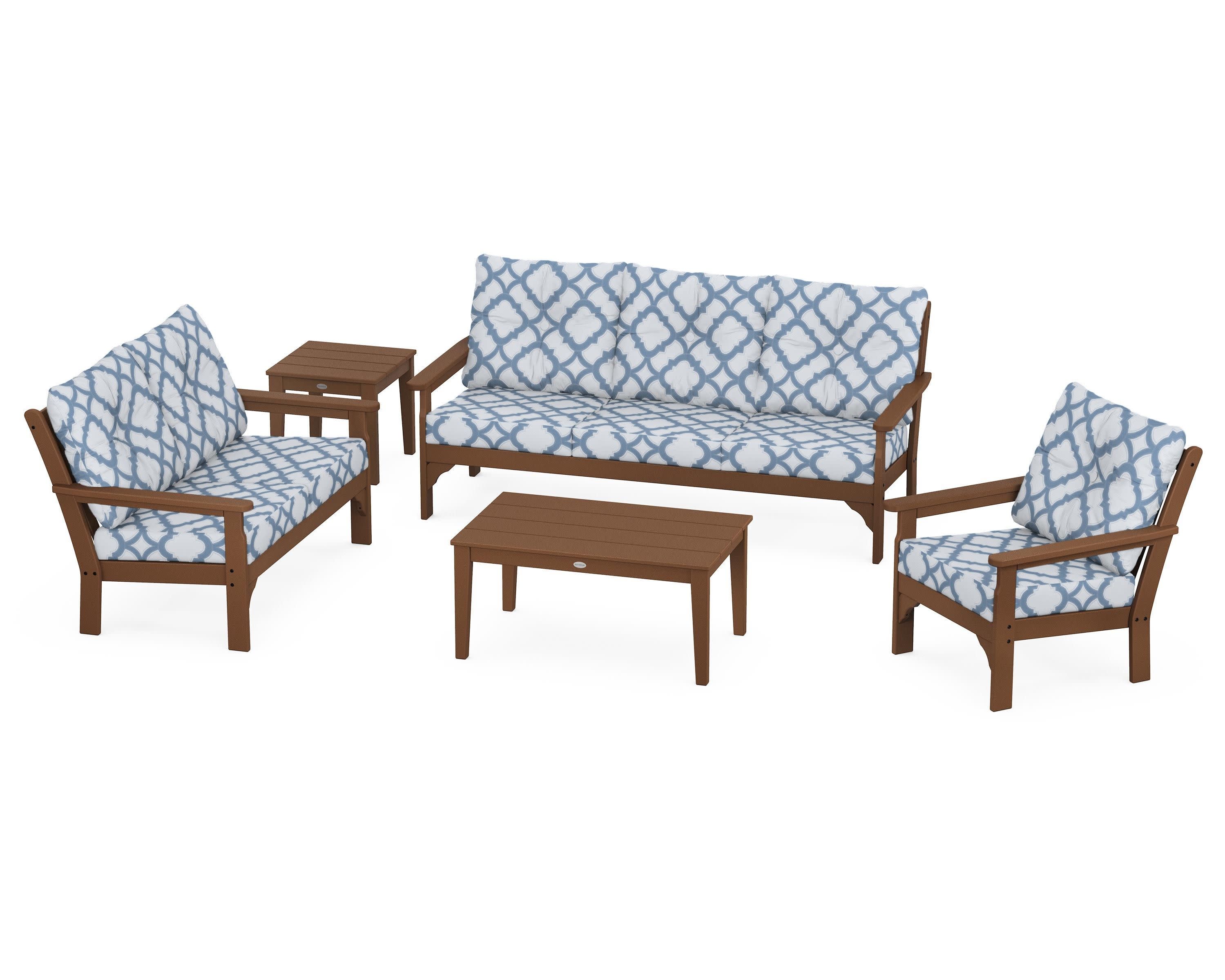 Vineyard 5 Piece Deep Seating Set in Teak / Trellis Sky Blue