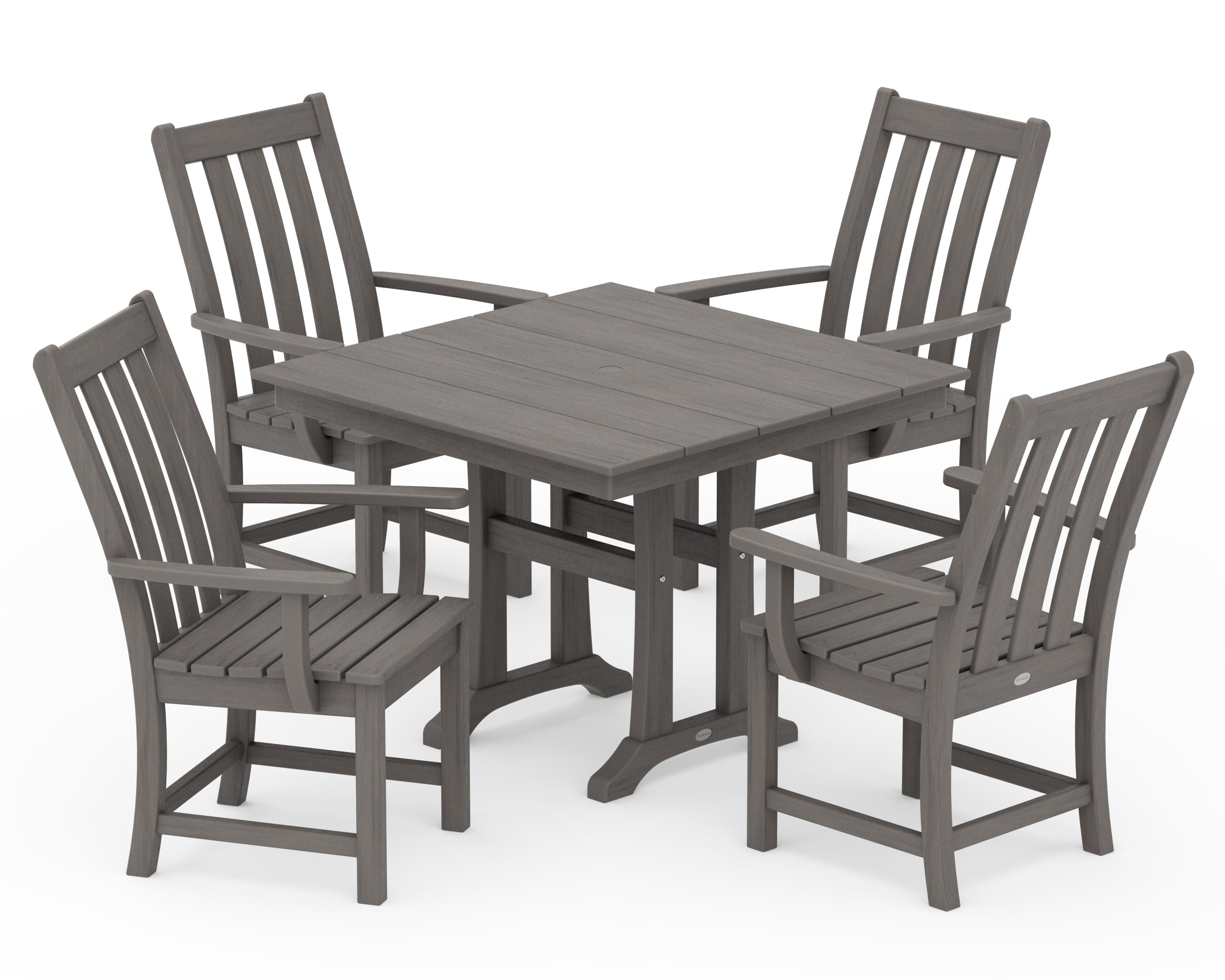 Vineyard 5-Piece Farmhouse Trestle Arm Chair Dining Set in Driftwood