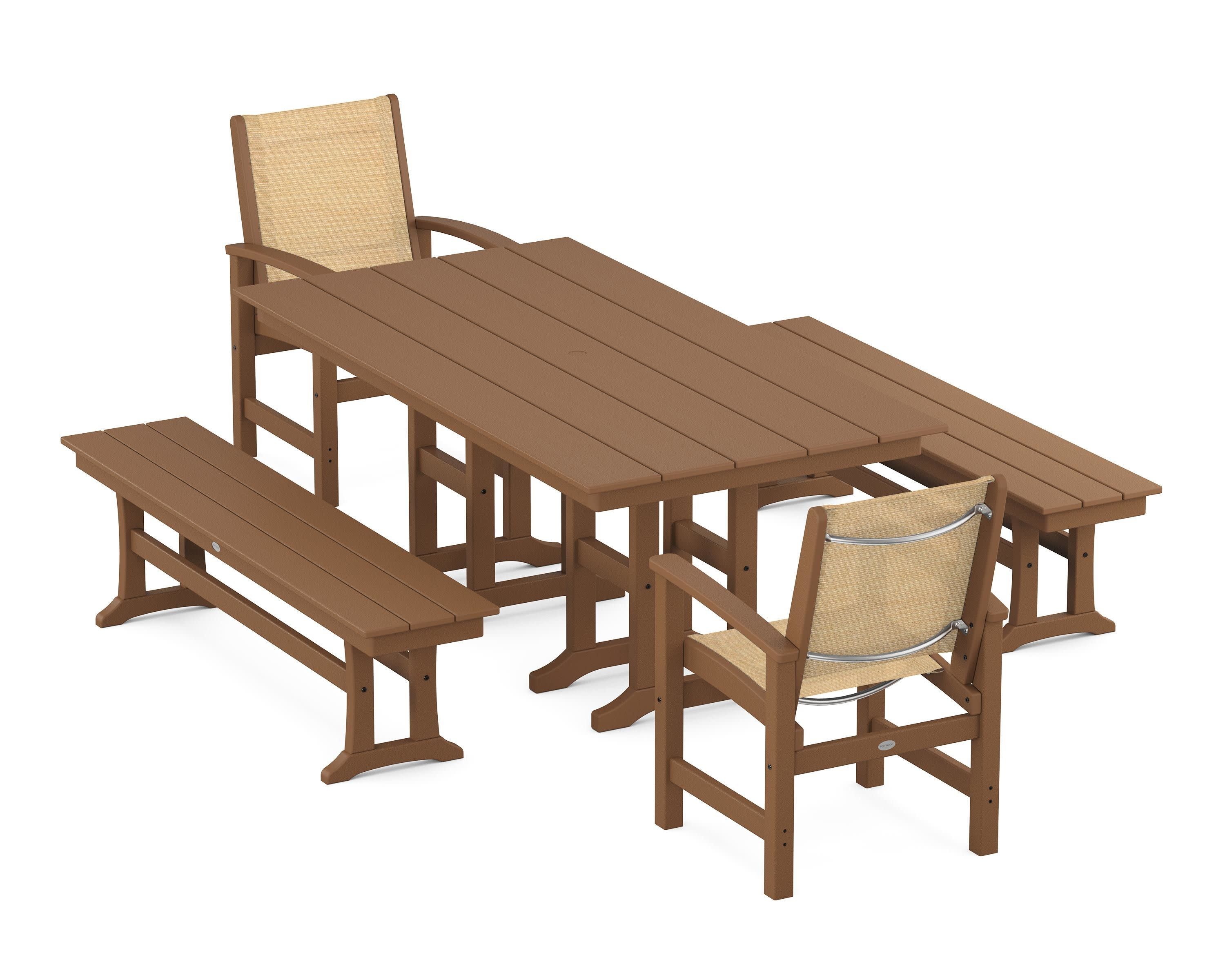 Coastal 5-Piece Farmhouse Dining Set in Teak / Dupioni Apricot Sling