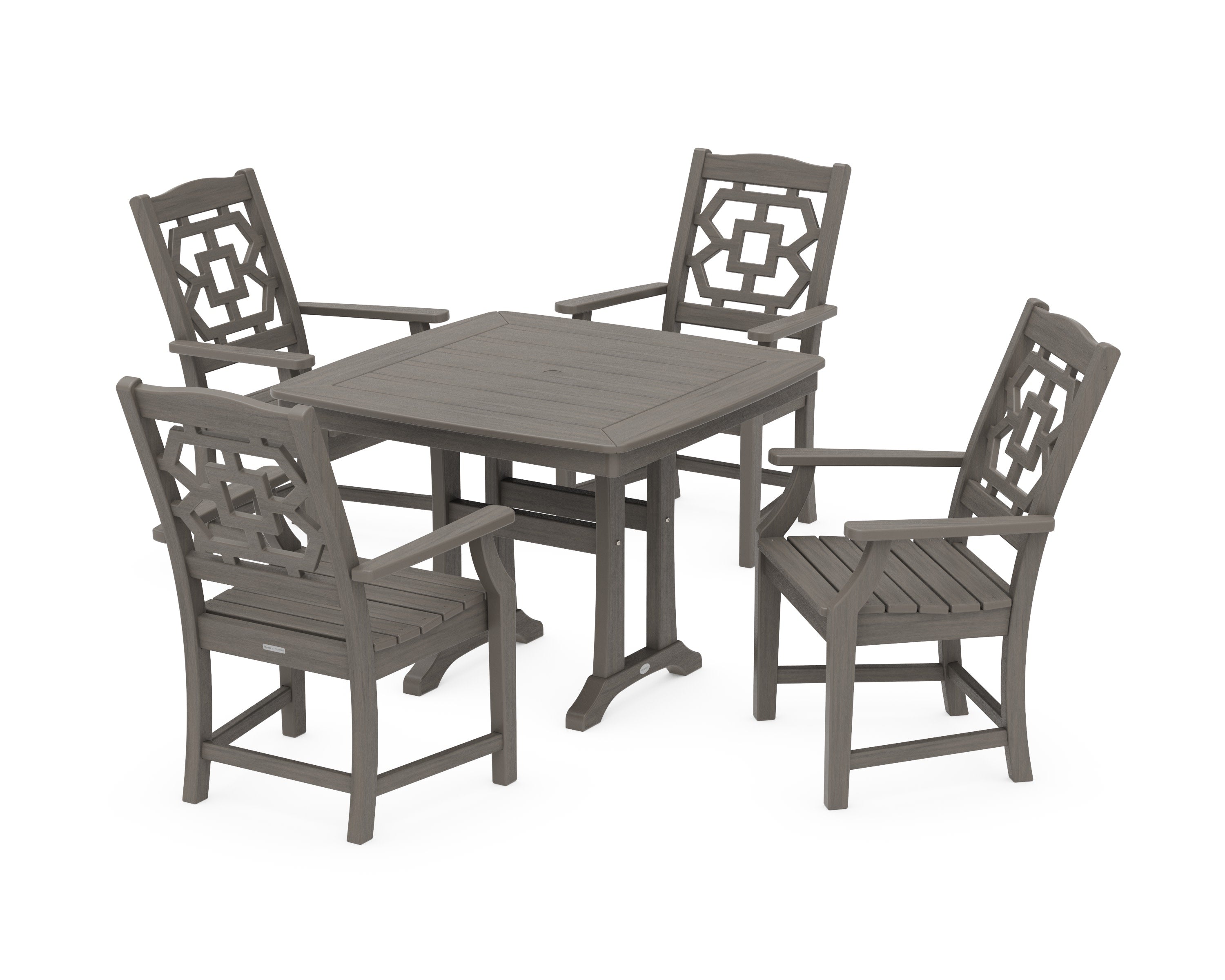Chinoiserie 5-Piece Dining Set with Trestle Legs in Driftwood