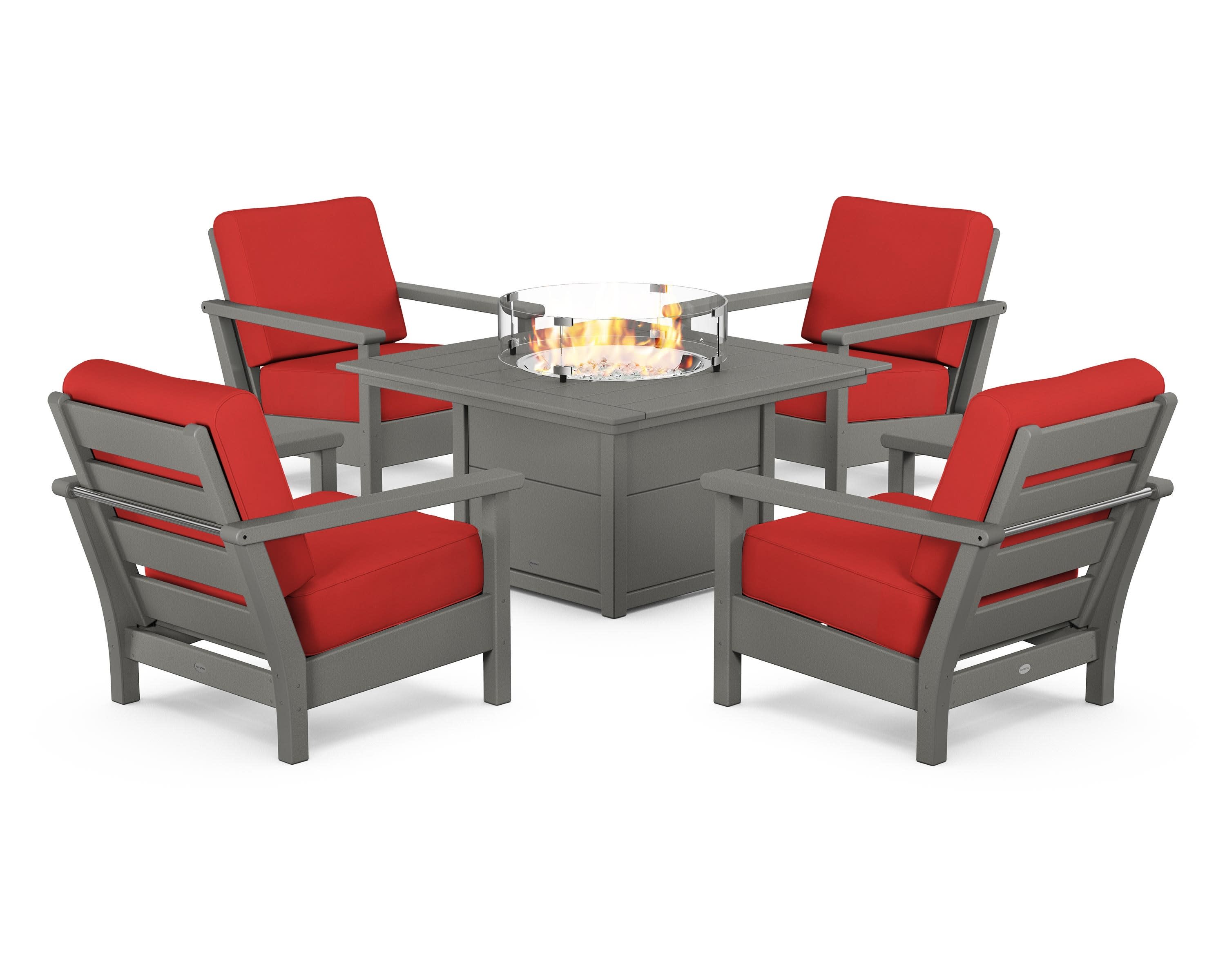 Harbour 5-Piece Conversation Set with Fire Pit Table in Slate Grey / Crimson Linen